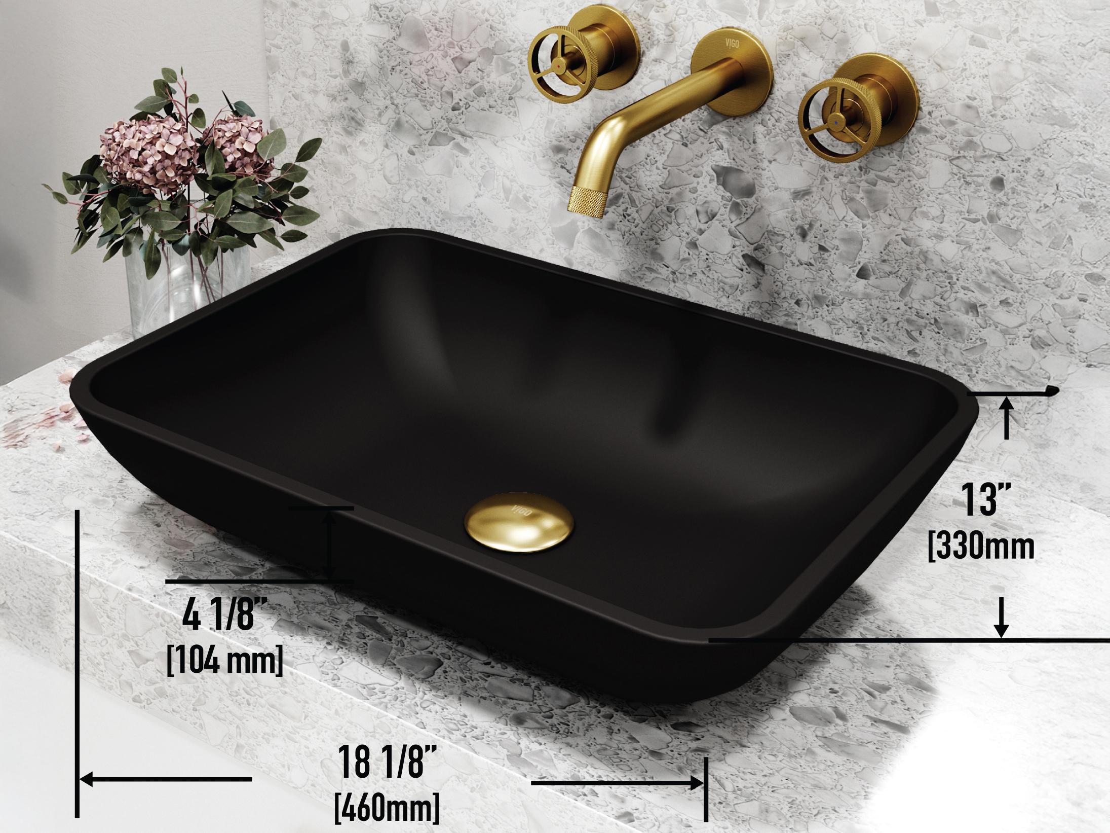 Vigo Black Sottile Black Glass Vessel Bathroom Sink - Wall-Mount Faucet and Drain in Matte Gold