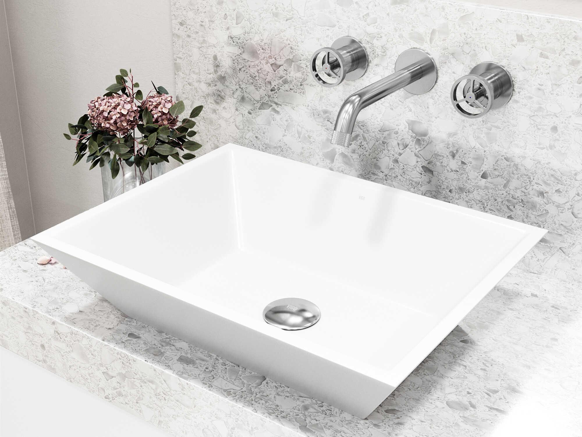 Vigo Vinca Rectangular Vessel Bathroom Sink with Wall-Mount Faucet and Pop-Up Drain
