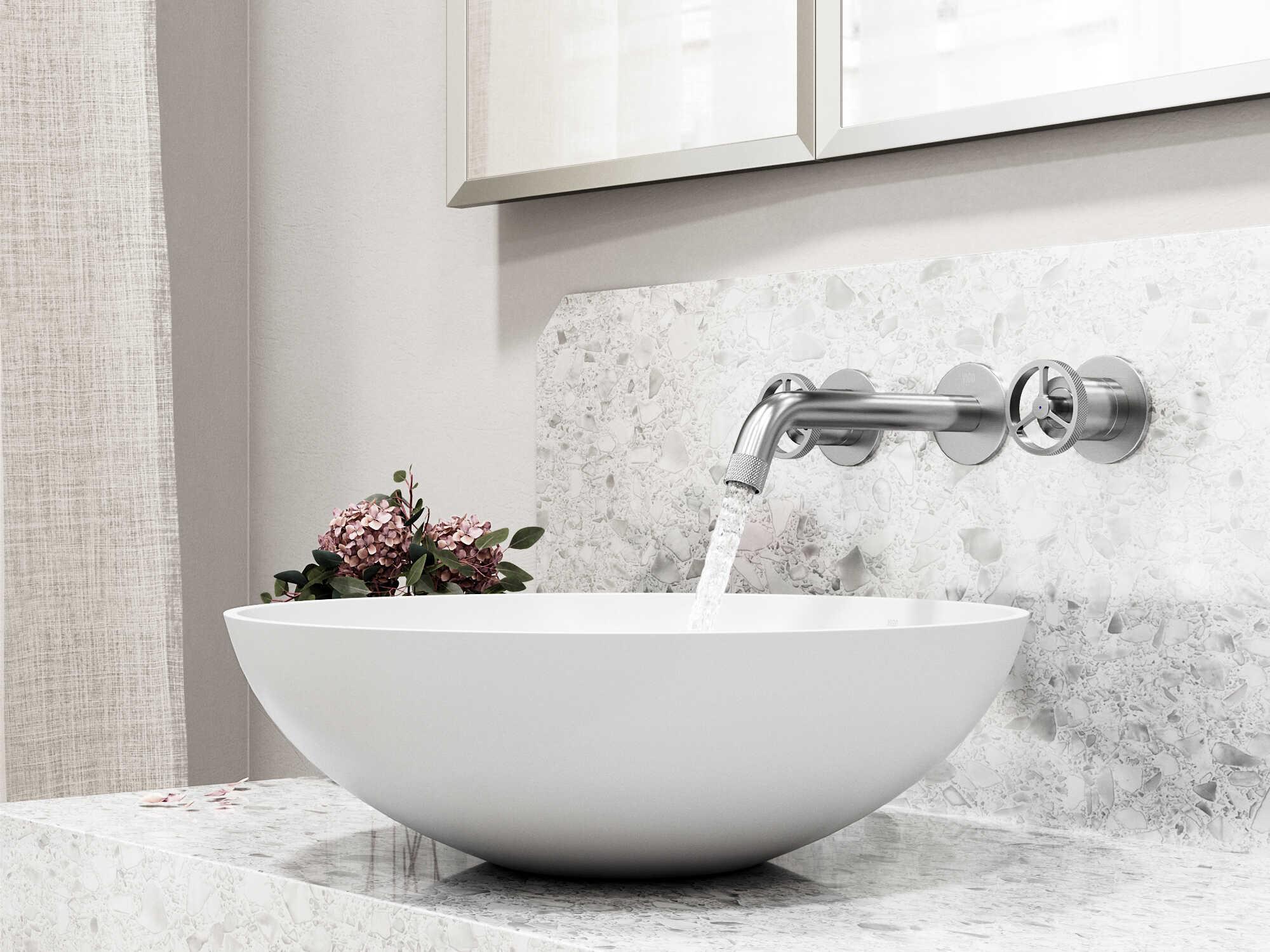 Vigo Lotus Round Vessel Bathroom Sink with Wall-Mount Faucet and Drain