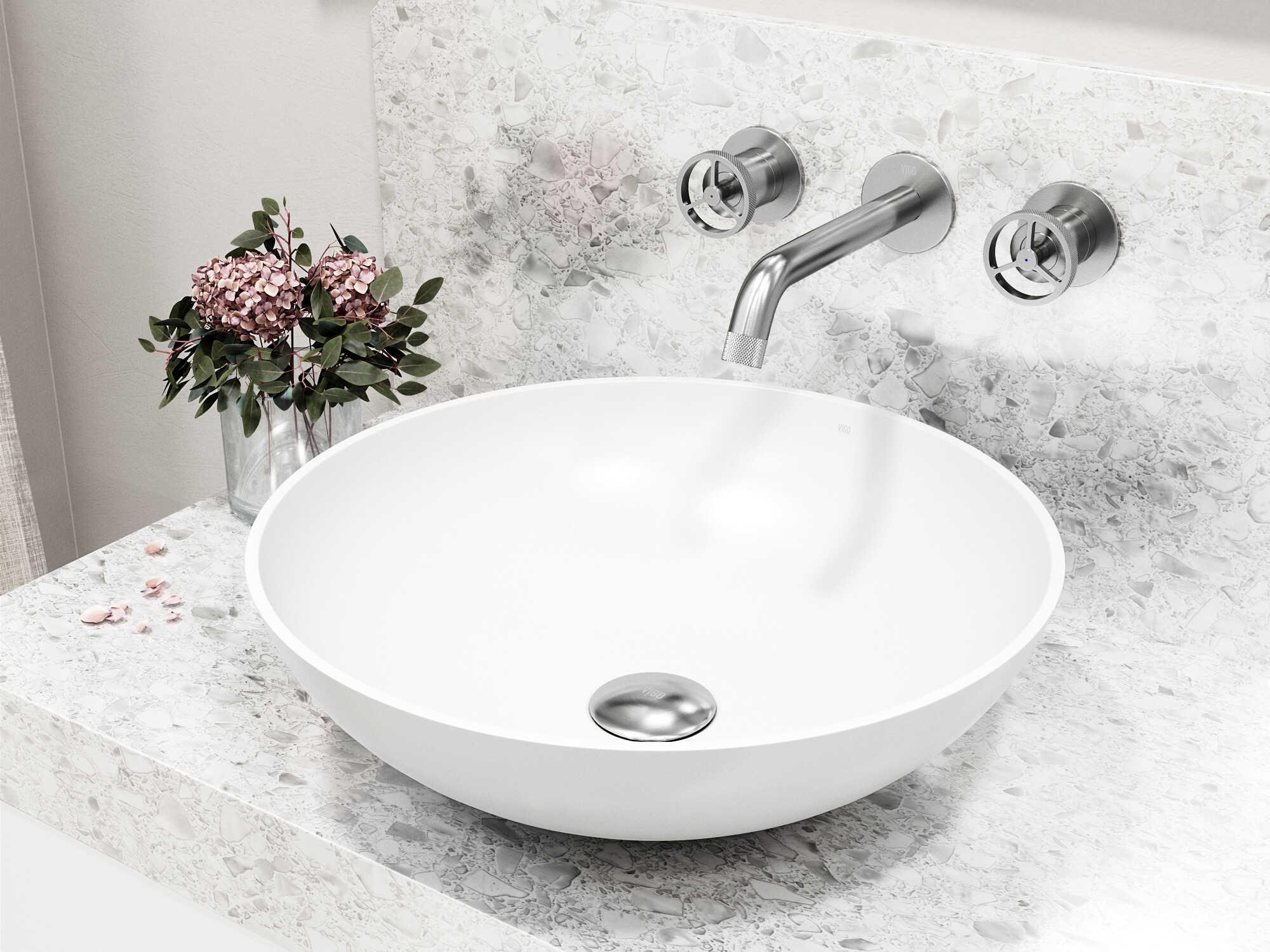 Vigo Lotus Round Vessel Bathroom Sink with Wall-Mount Faucet and Drain