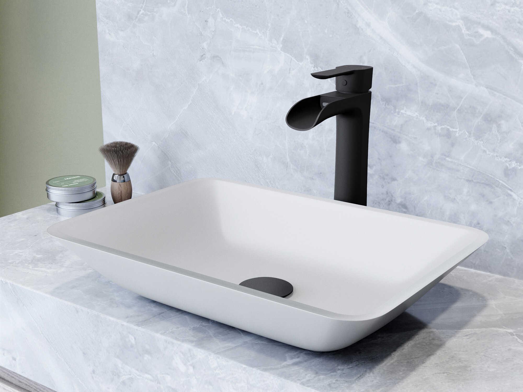 Vigo Sottlie Glass Rectangular Vessel Bathroom Sink with Niko Faucet and Pop-up Drain