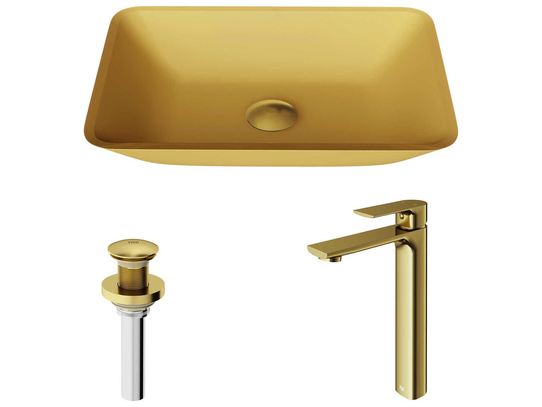 Vigo Sottile Glass Rectangular Vessel Bathroom Sink with Norfolk Faucet and Pop-up Drain in Matte Gold
