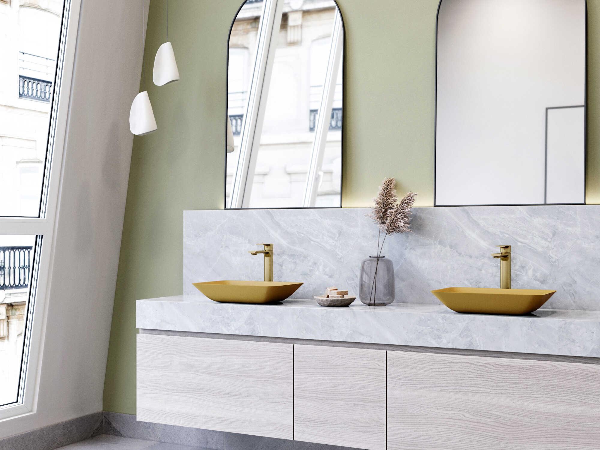 Vigo Sottile Glass Rectangular Vessel Bathroom Sink with Norfolk Faucet and Pop-up Drain in Matte Gold