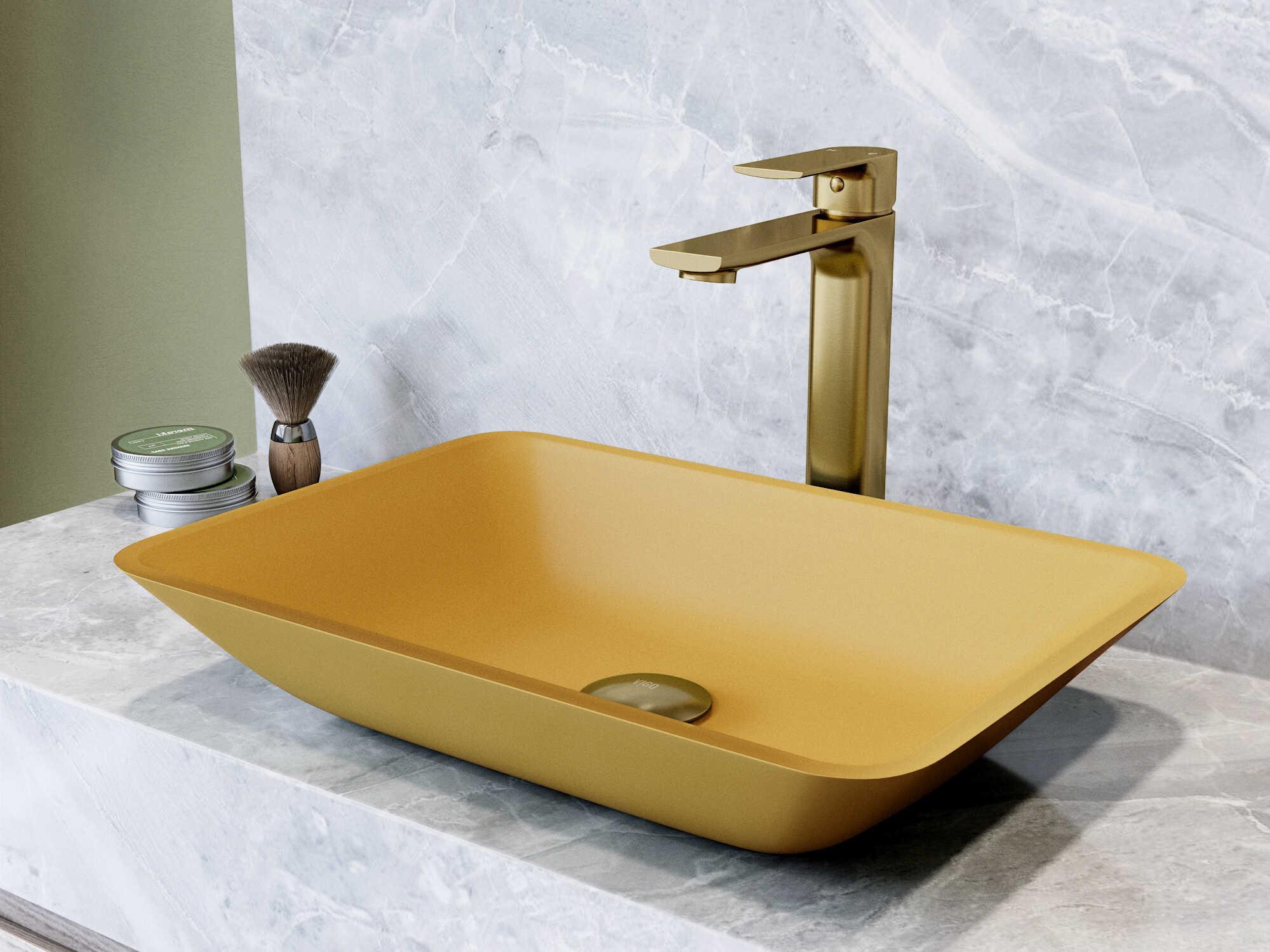 Vigo Sottile Glass Rectangular Vessel Bathroom Sink with Norfolk Faucet and Pop-up Drain in Matte Gold