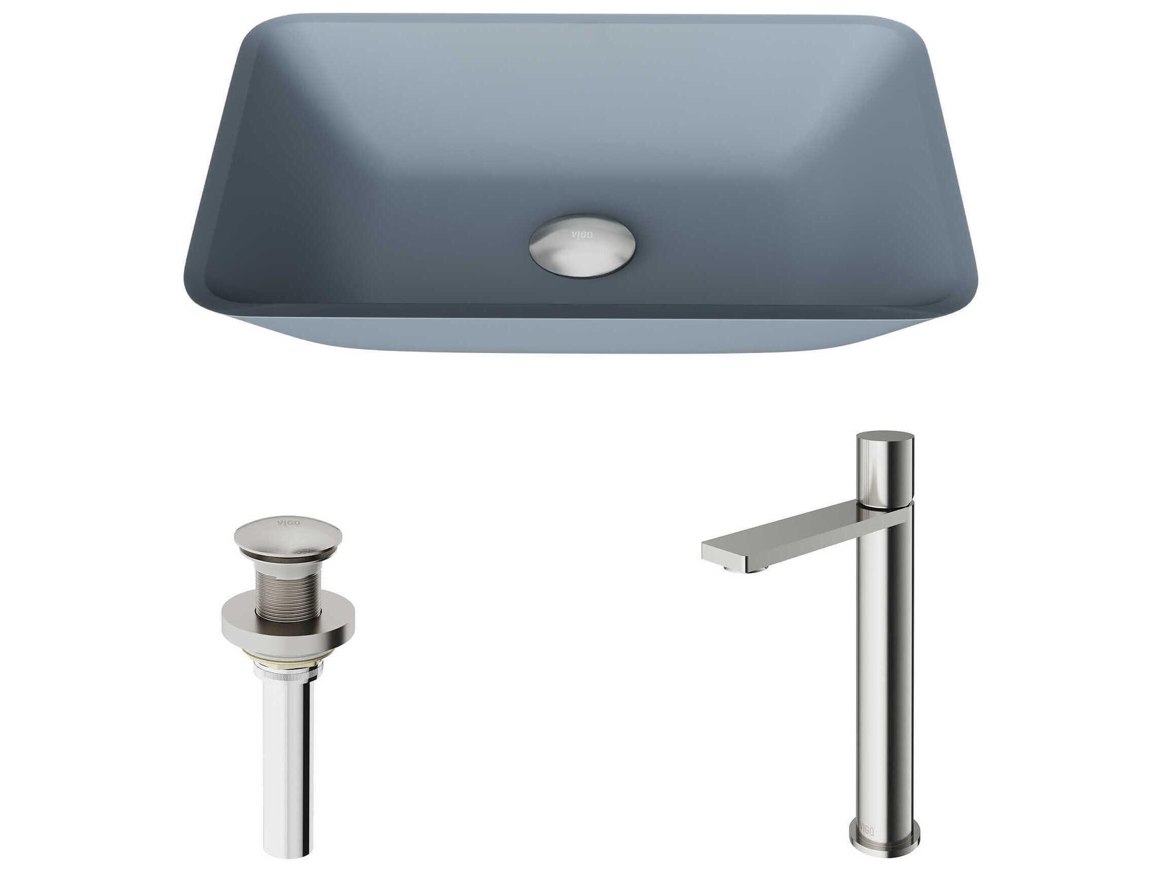 Vigo Sottile Glass Rectangular Vessel Bathroom Sink with Gotham Faucet and Pop-up Drain