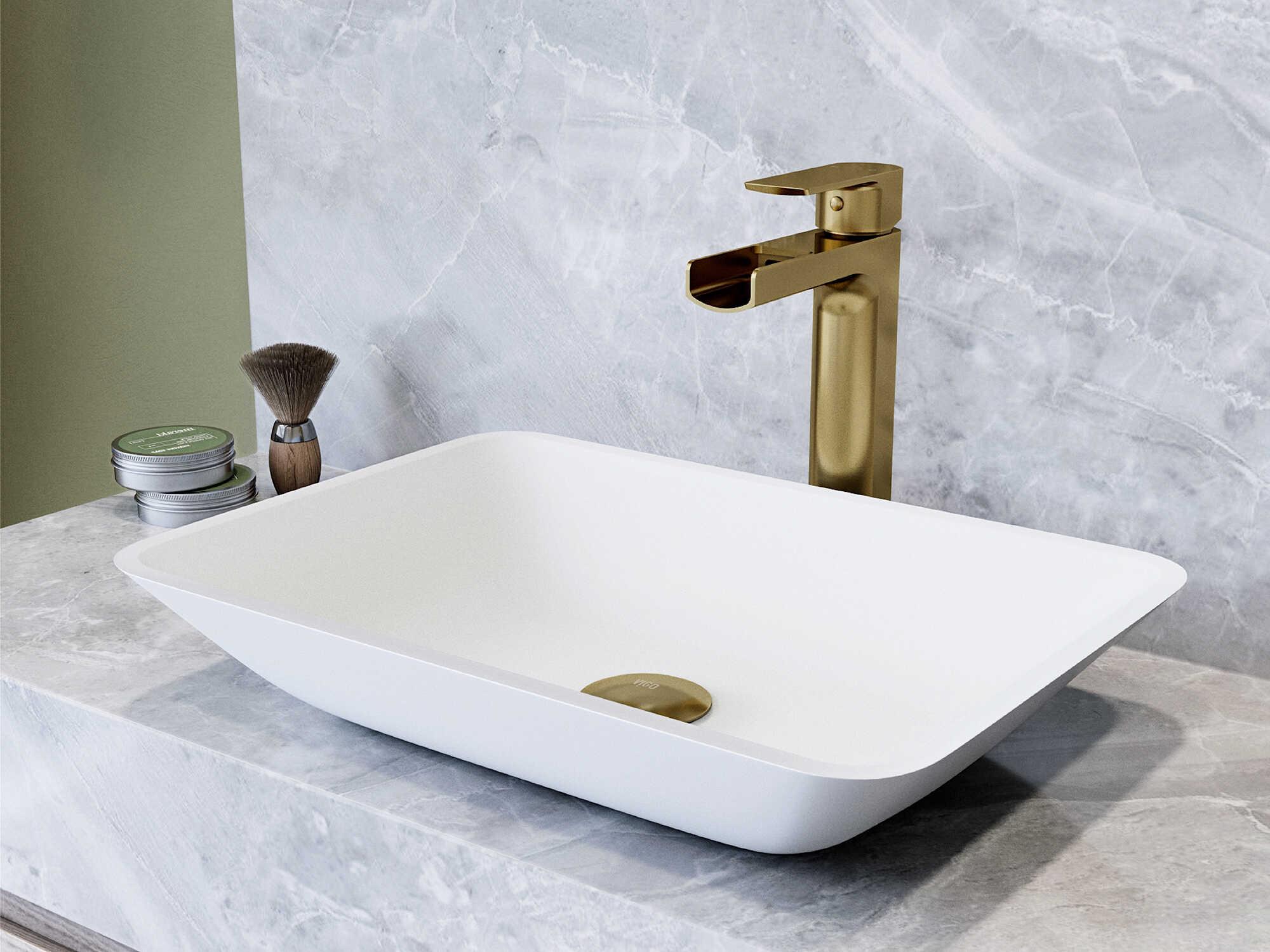 Vigo Sottlie Glass Rectangular Vessel Bathroom Sink with Amada Faucet and Pop-up Drain in Matte Gold