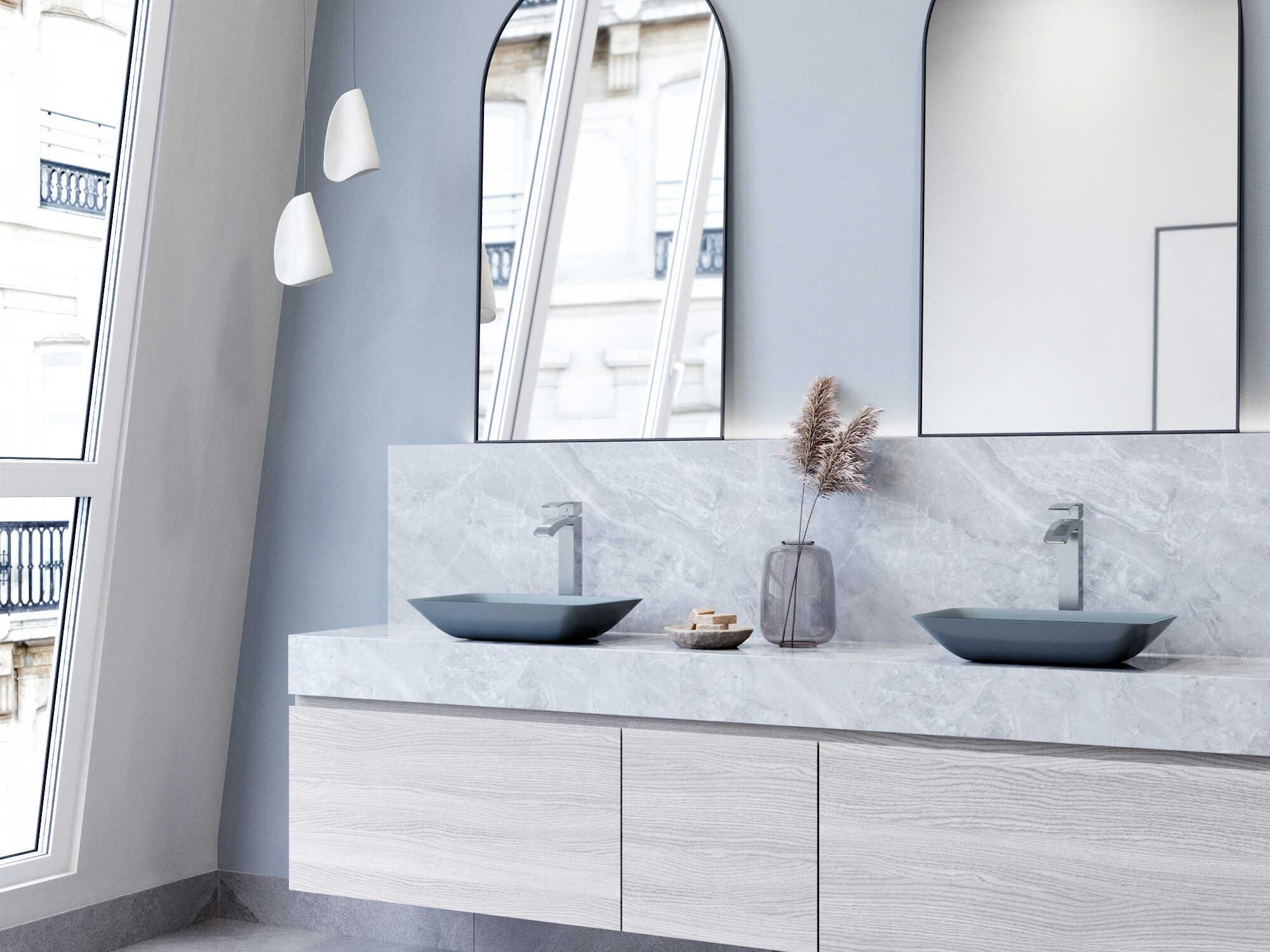 Vigo Sottile Glass Rectangular Vessel Bathroom Sink with Duris Faucet and Pop-up Drain