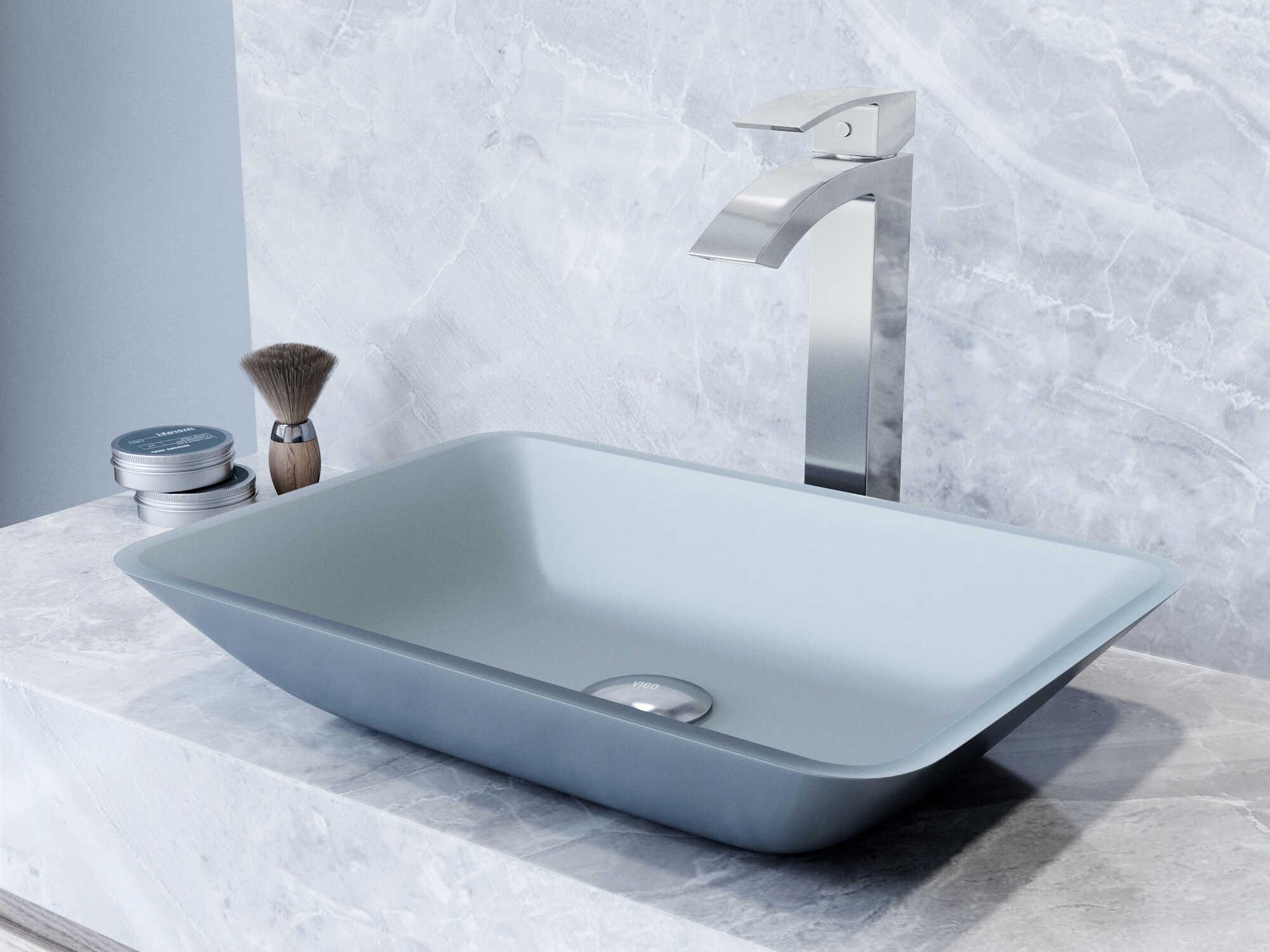 Vigo Sottile Glass Rectangular Vessel Bathroom Sink with Duris Faucet and Pop-up Drain