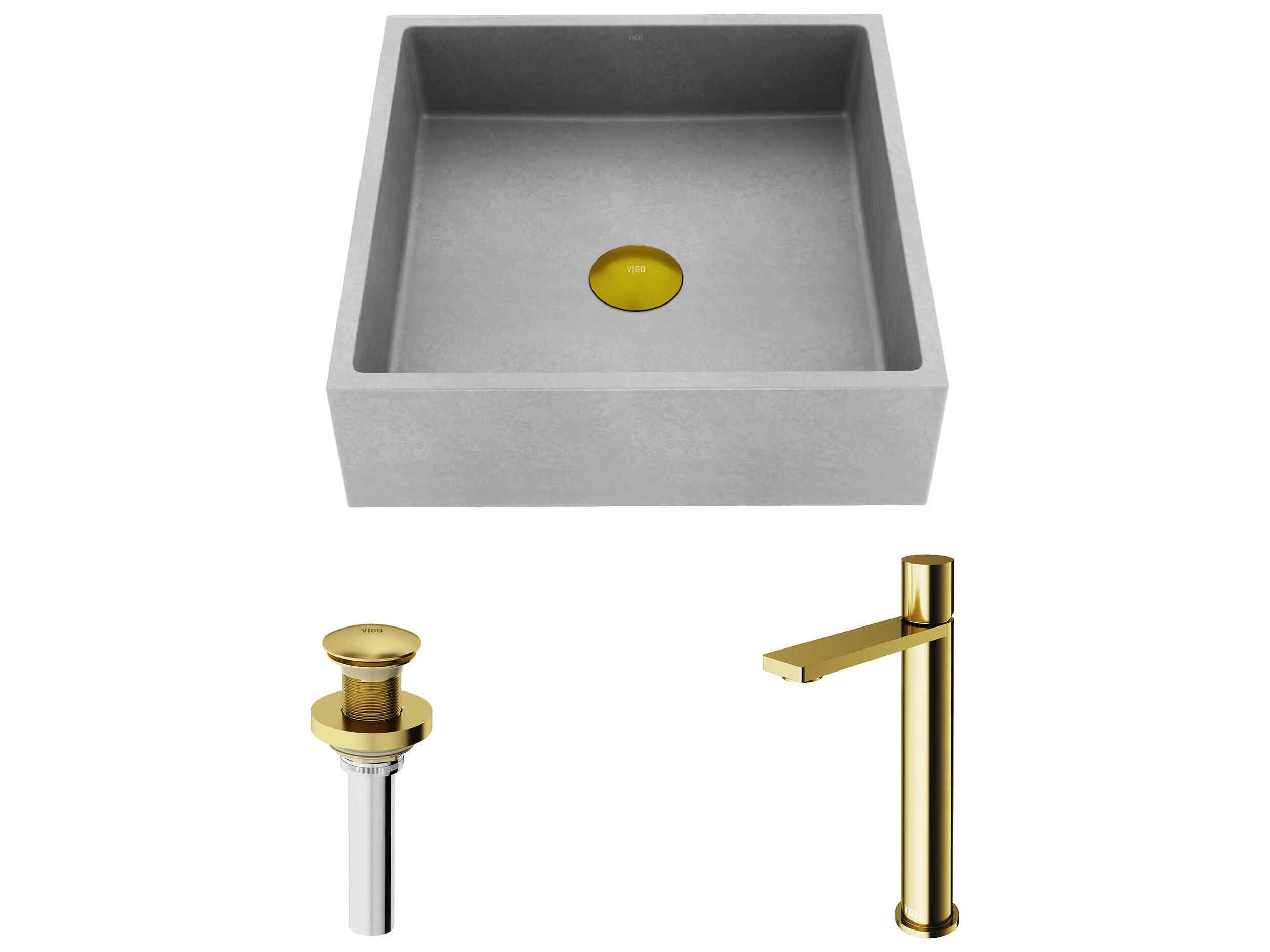 Vigo Alhambra Square Bathroom Vessel Sink with Gotham Faucet and Pop-Up Drain