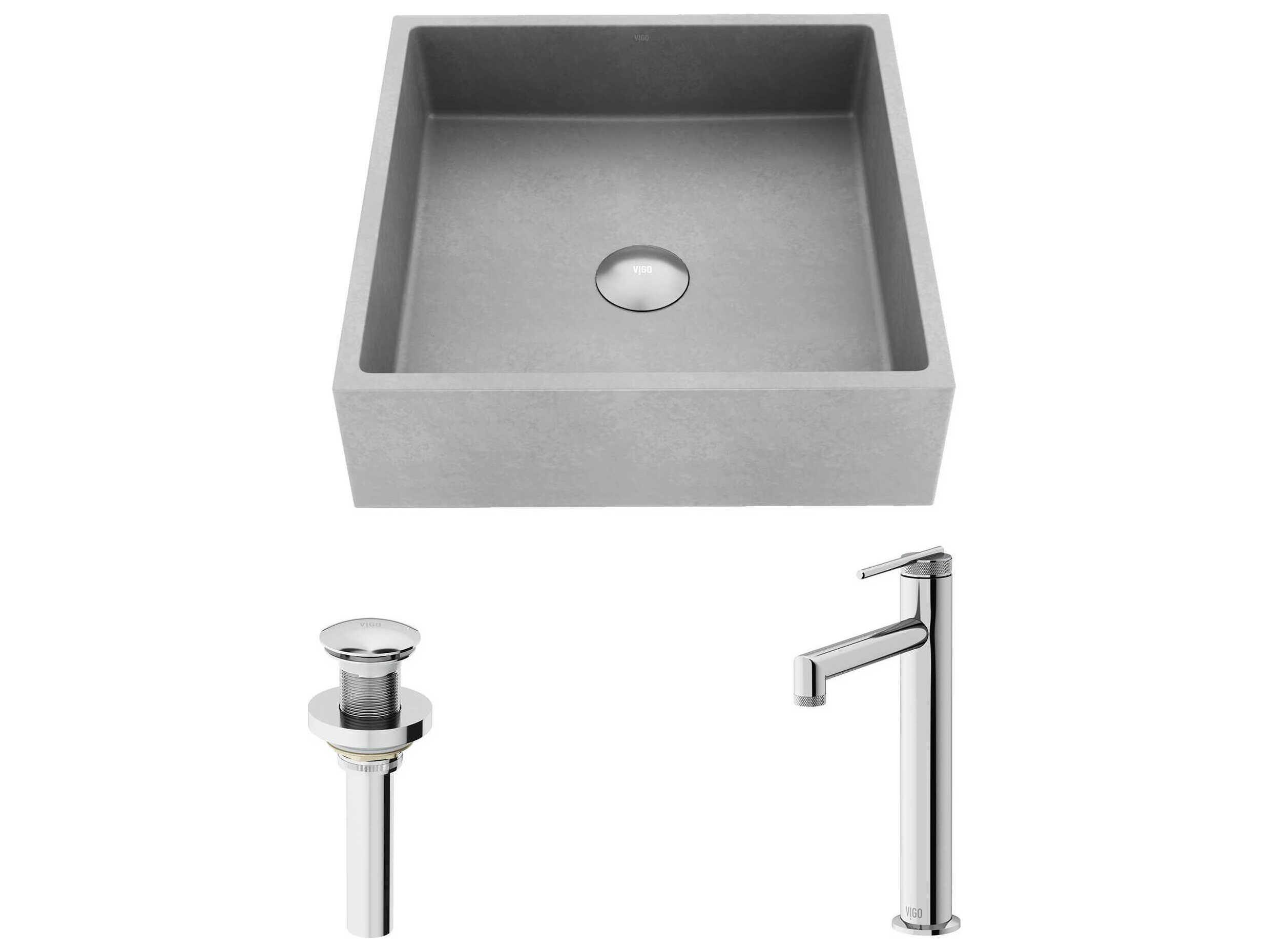 Vigo Alhambra Square Bathroom Vessel Sink with Sterling Faucet and Pop-Up Drain