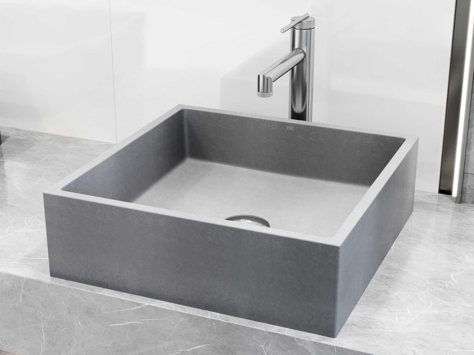 Vigo Alhambra Square Bathroom Vessel Sink with Sterling Faucet and Pop-Up Drain