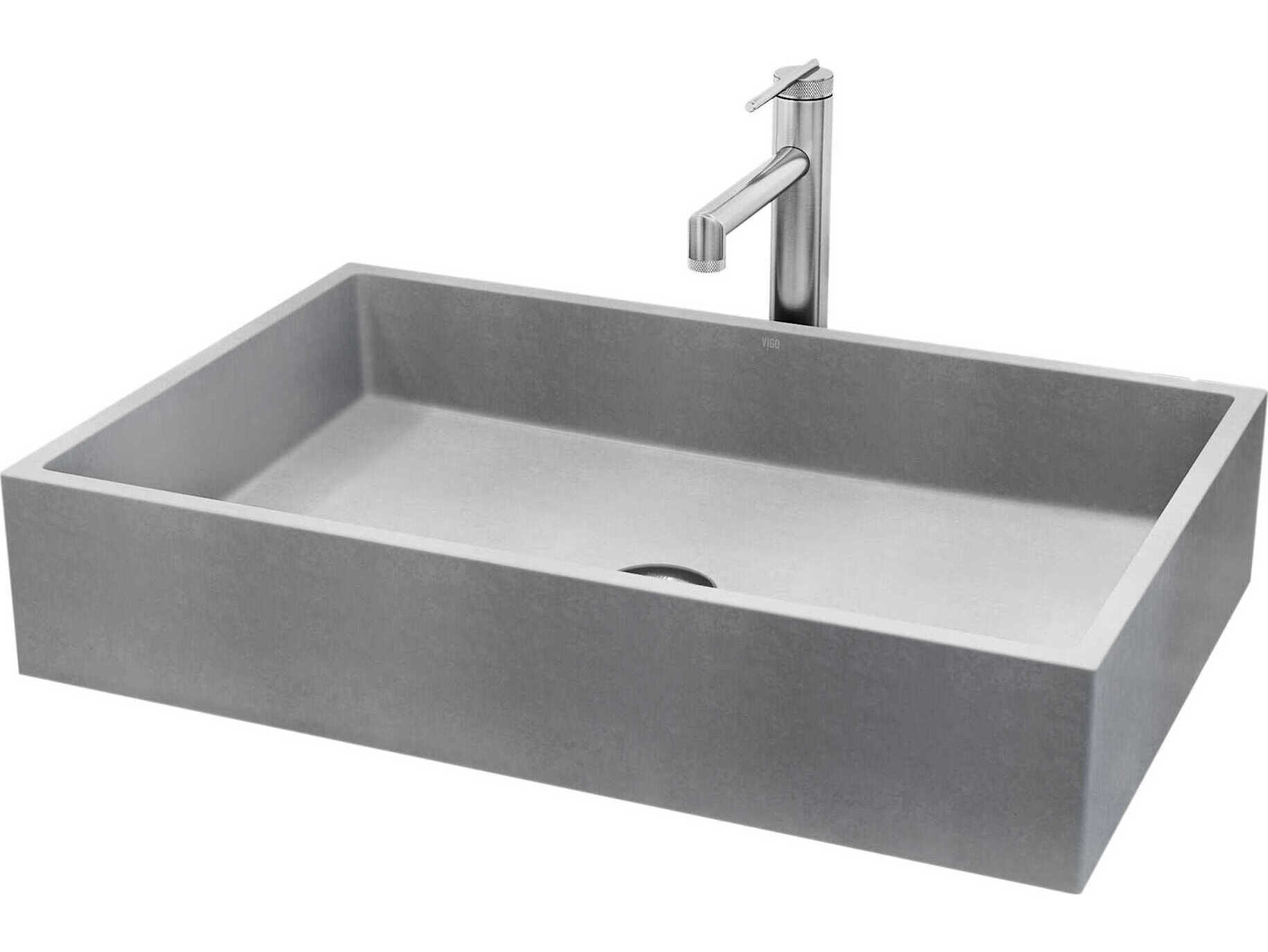 Vigo Orvieto Rectangular Bathroom Vessel Sink with Sterling Faucet and Pop-Up Drain