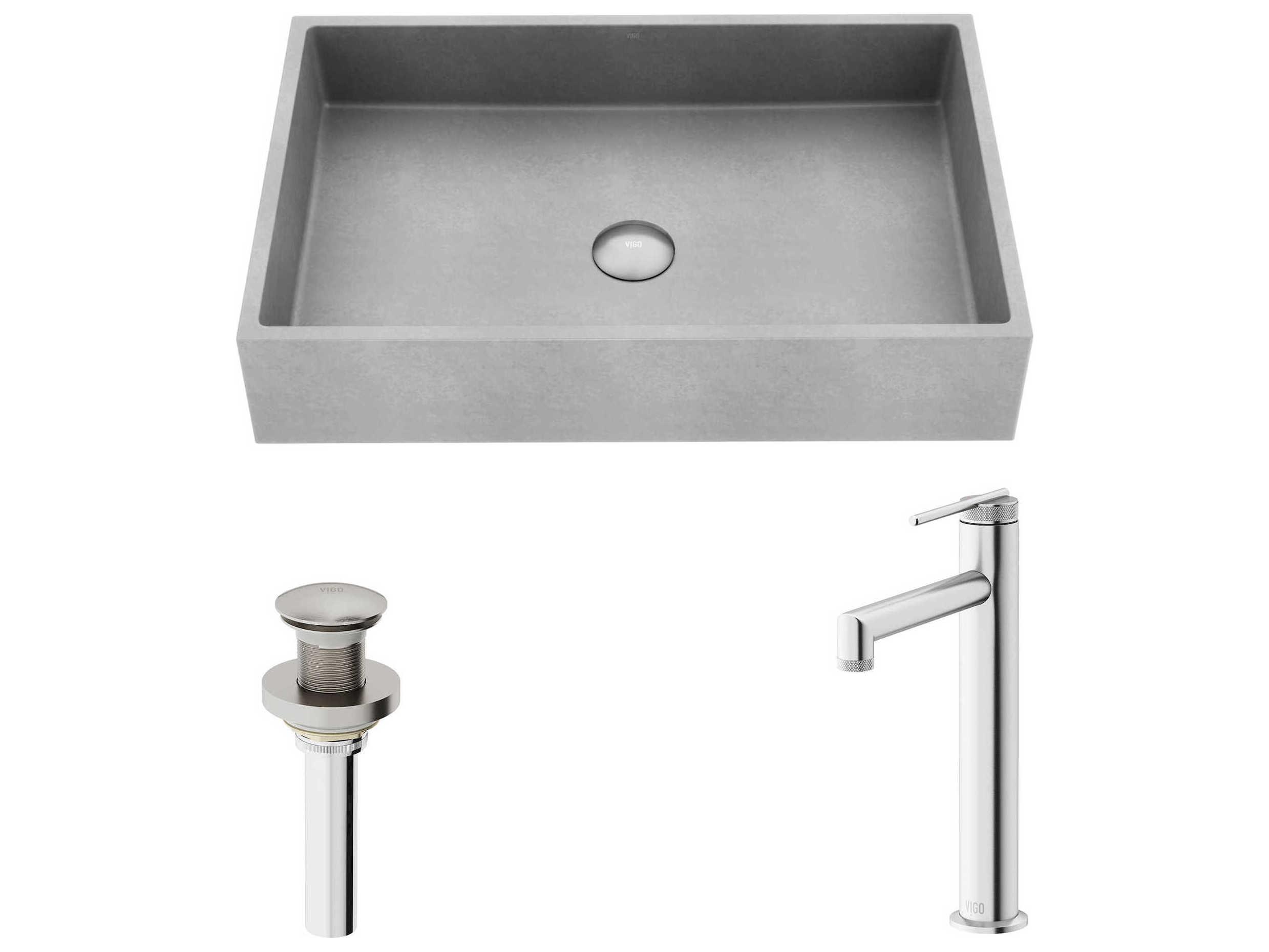 Vigo Orvieto Rectangular Bathroom Vessel Sink with Sterling Faucet and Pop-Up Drain