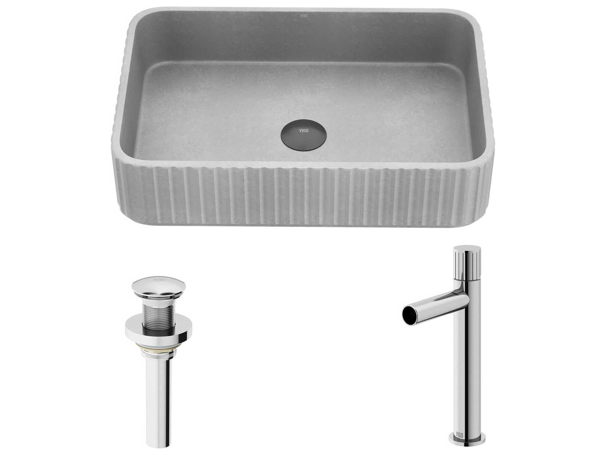 Vigo Windsor Rectangular Fluted Bathroom Vessel Sink with Ashford Faucet and Pop-Up Drain
