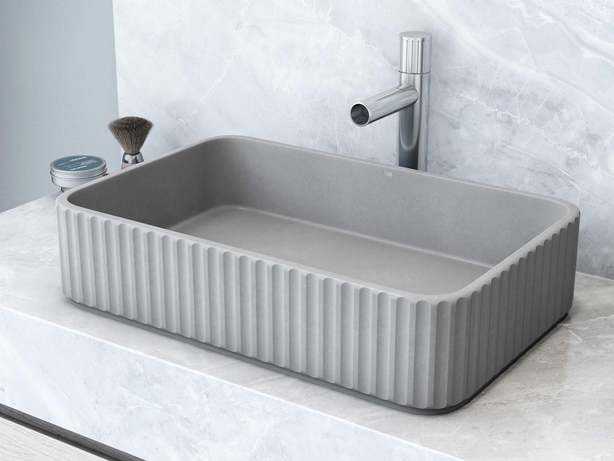 Vigo Windsor Rectangular Fluted Bathroom Vessel Sink with Ashford Faucet and Pop-Up Drain