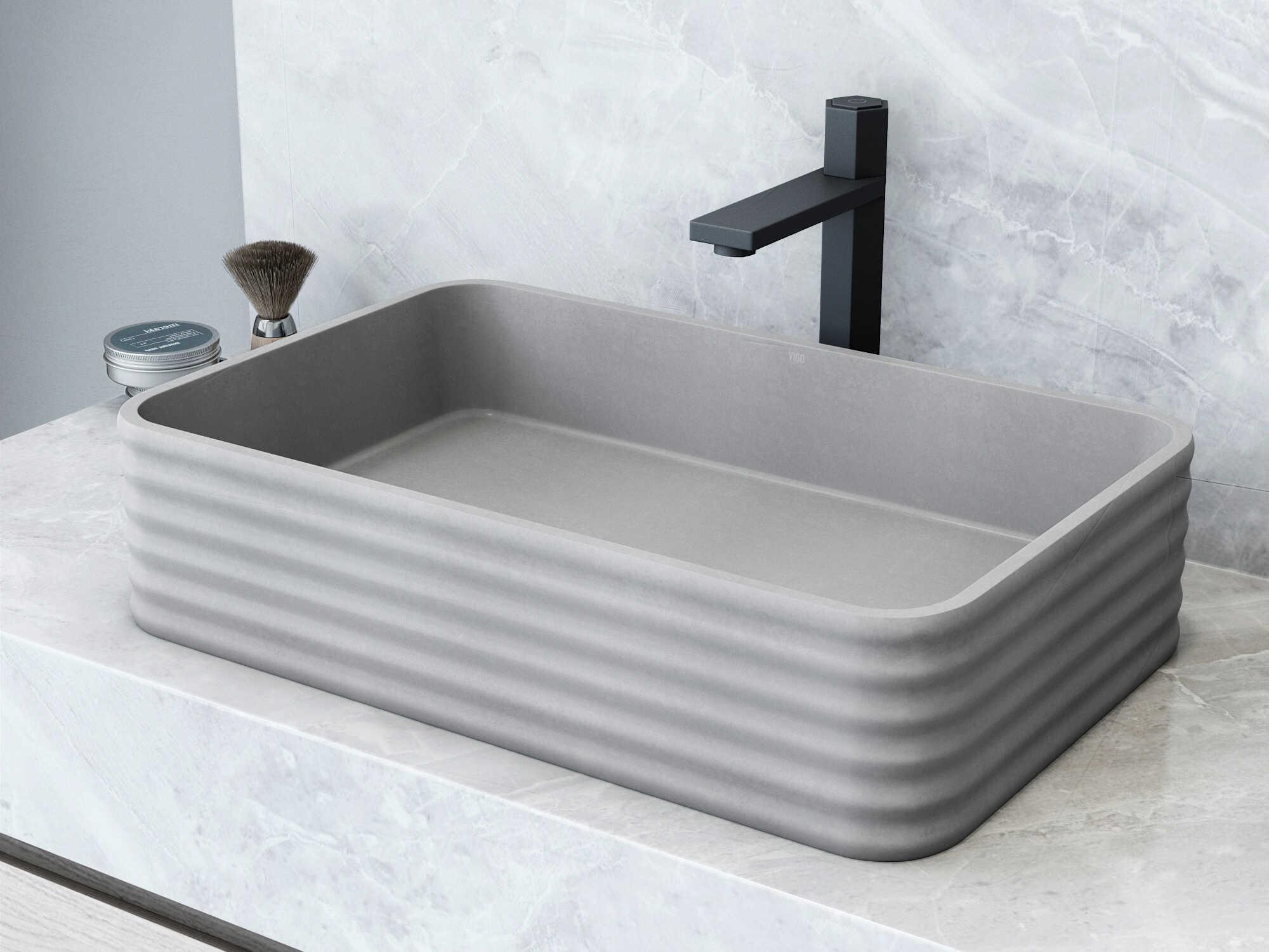 Vigo Cadman Rectangular Fluted Bathroom Vessel Sink with Nova Vessel Faucet and Pop-Up Drain