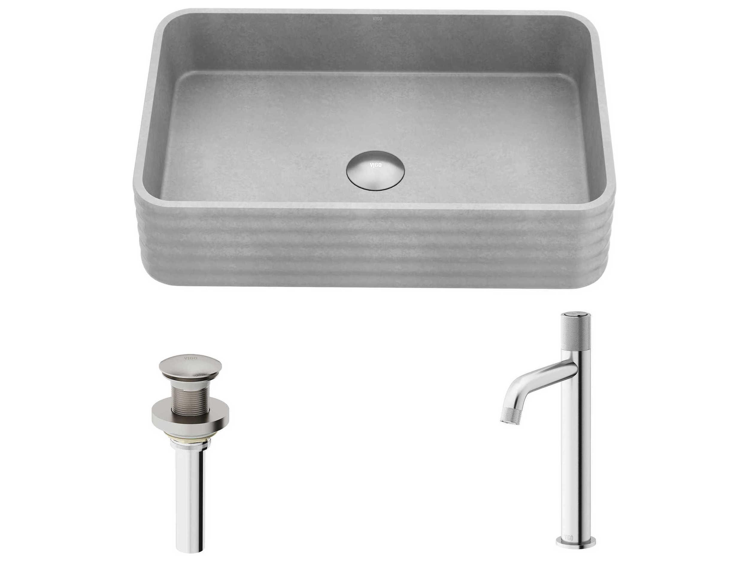 Vigo Cadman Fluted Rectangular Bathroom Vessel Sink with Apollo Faucet and Pop-Up Drain