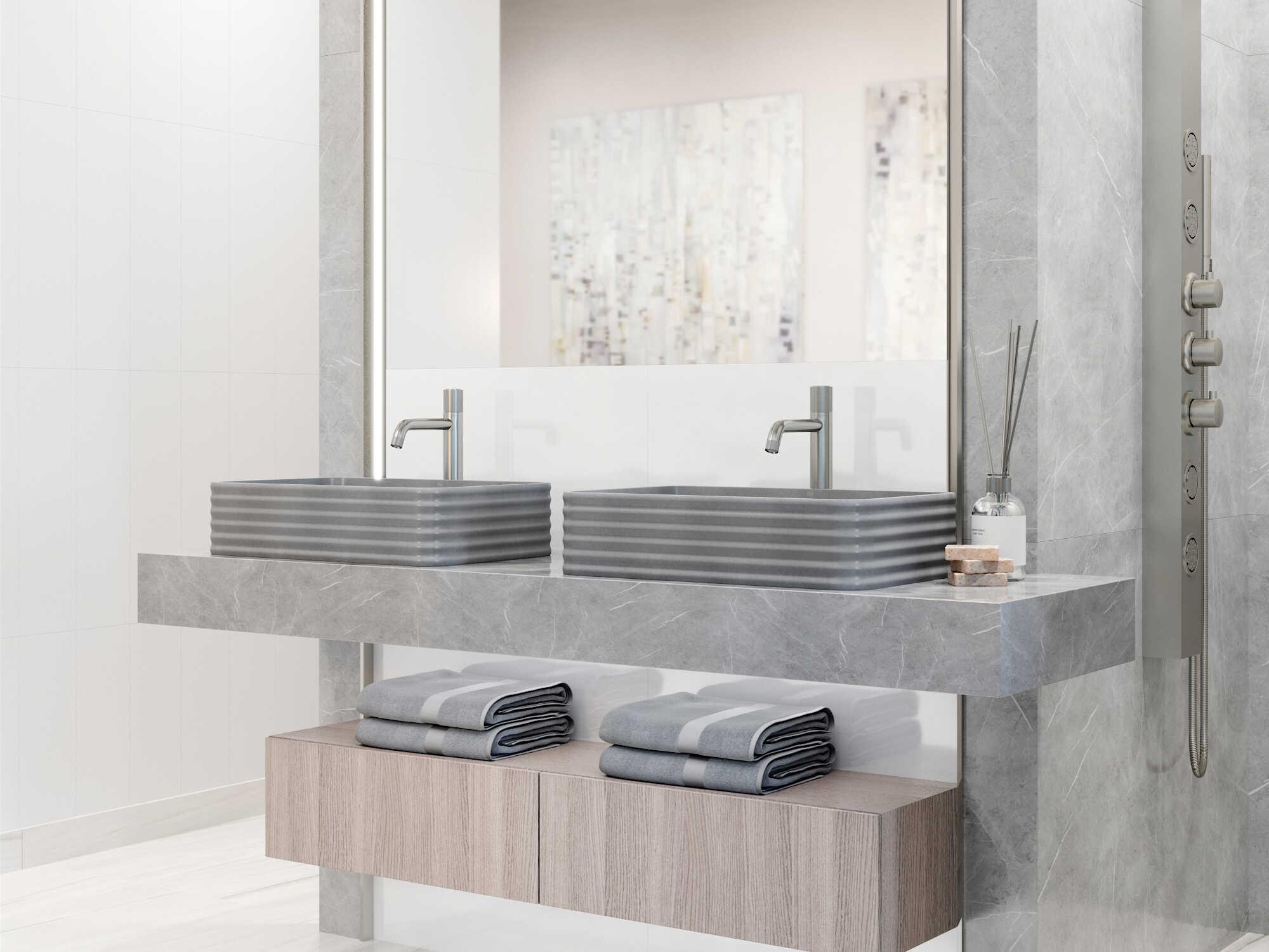 Vigo Cadman Fluted Rectangular Bathroom Vessel Sink with Apollo Faucet and Pop-Up Drain