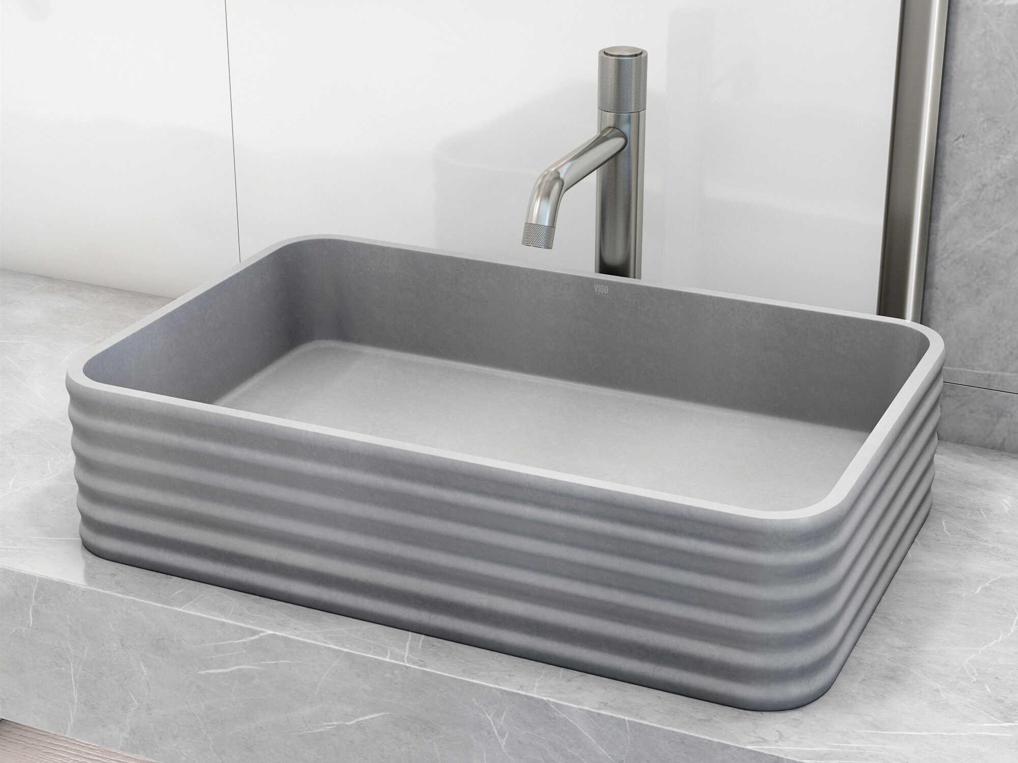 Vigo Cadman Fluted Rectangular Bathroom Vessel Sink with Apollo Faucet and Pop-Up Drain