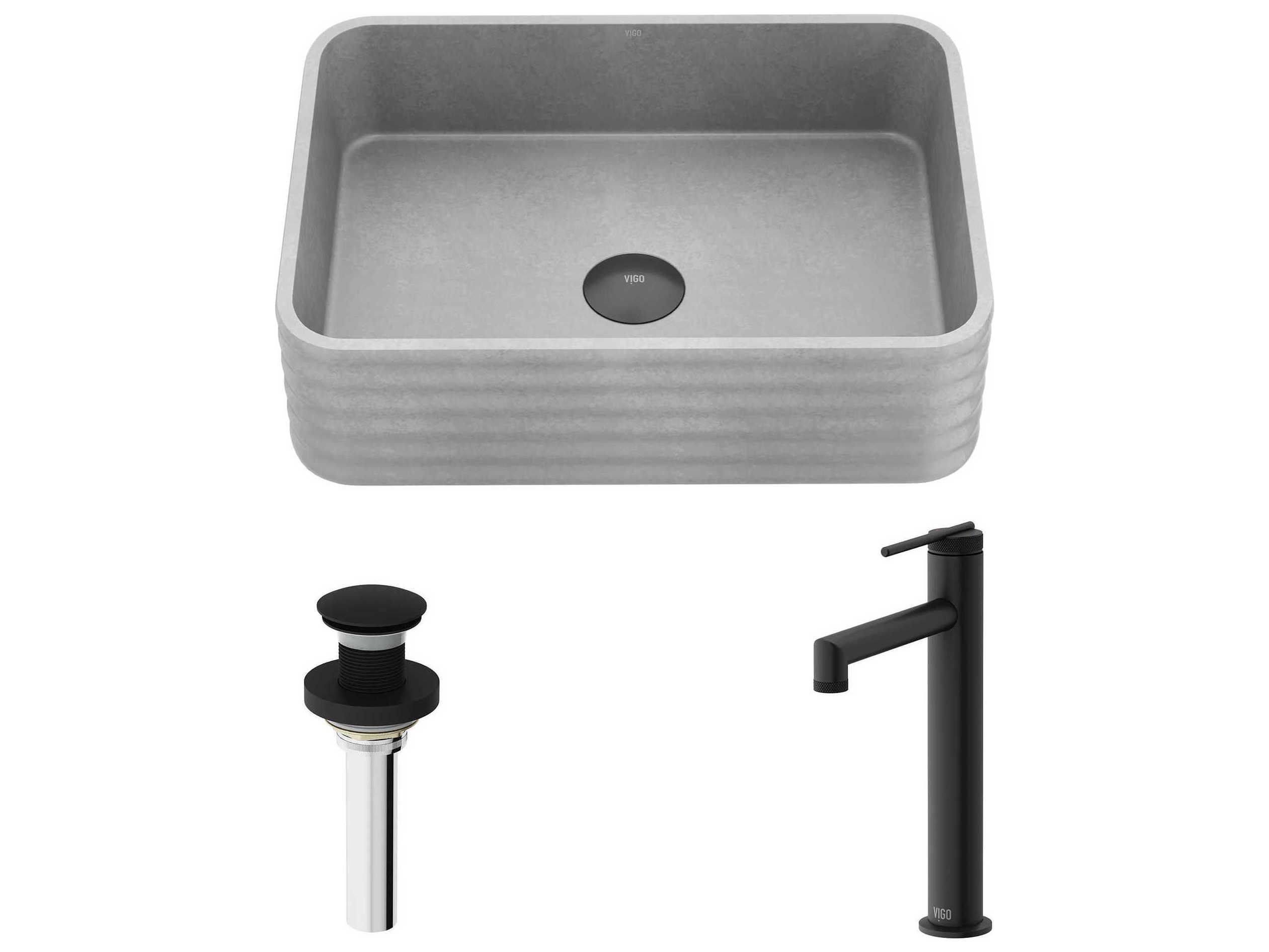 Vigo Cadman Rectangular Bathroom Vessel Sink with Sterling Faucet and Pop-Up Drain