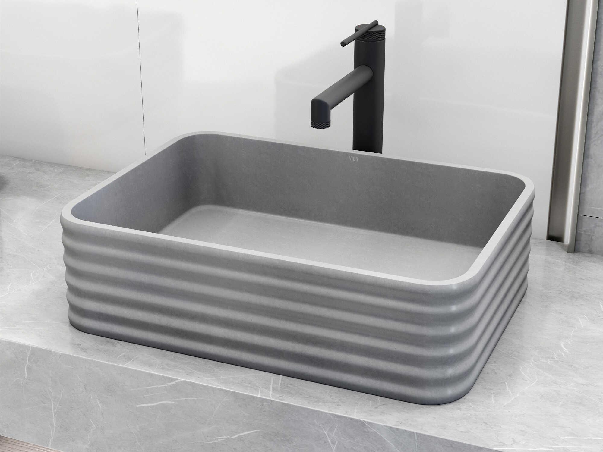 Vigo Cadman Rectangular Bathroom Vessel Sink with Sterling Faucet and Pop-Up Drain