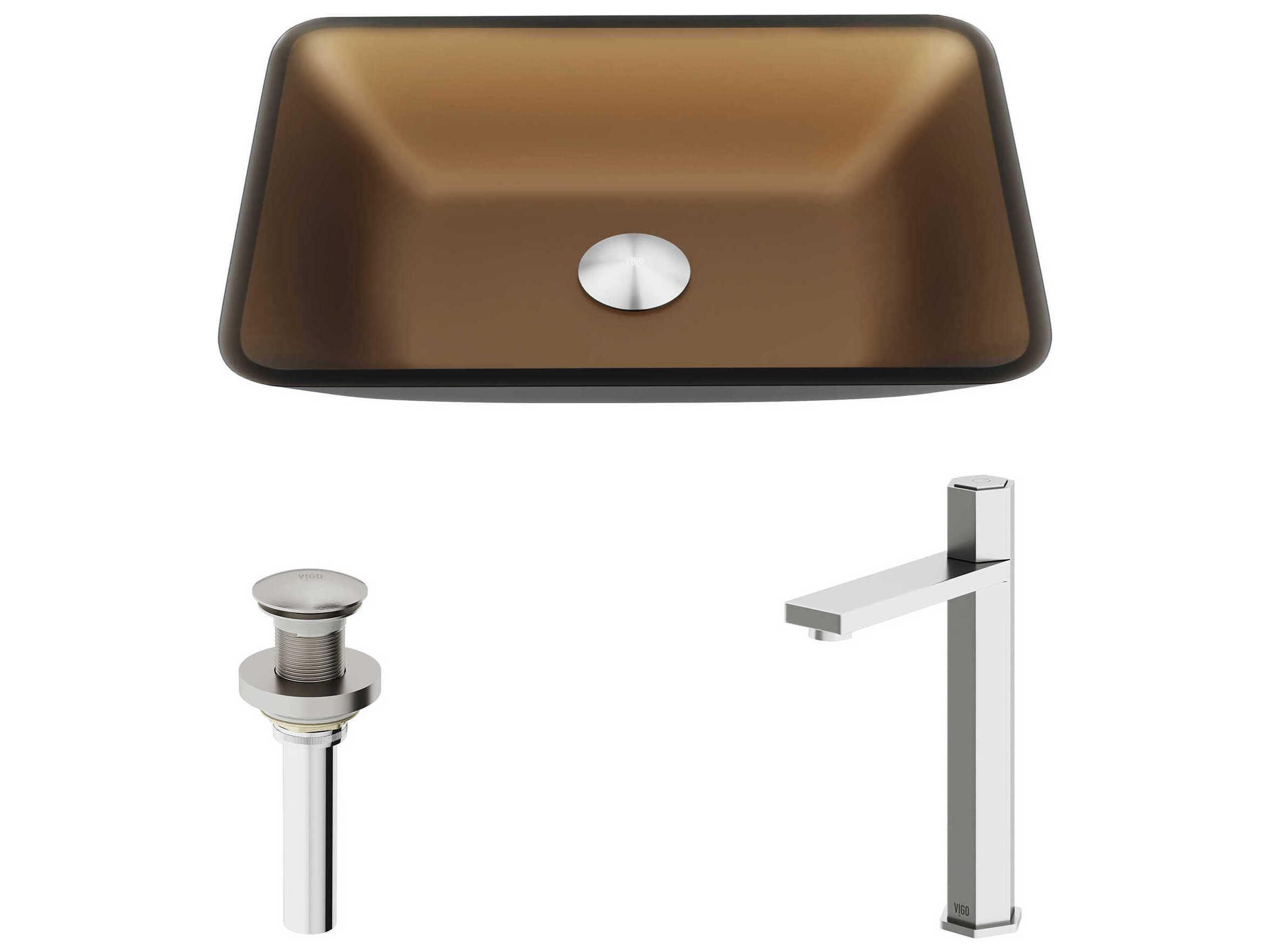 Vigo Sottile Rectangular Glass Bathroom Vessel Sink with Nova Faucet and Pop-Up Drain