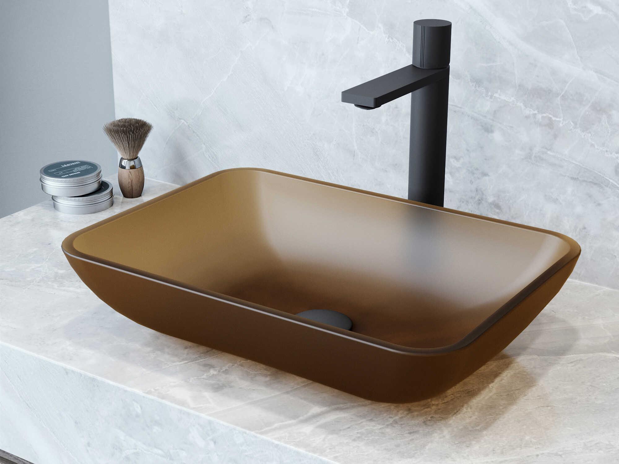 Vigo Sottile Rectangular Bathroom Vessel Sink with Gotham Faucet and Pop-Up Drain