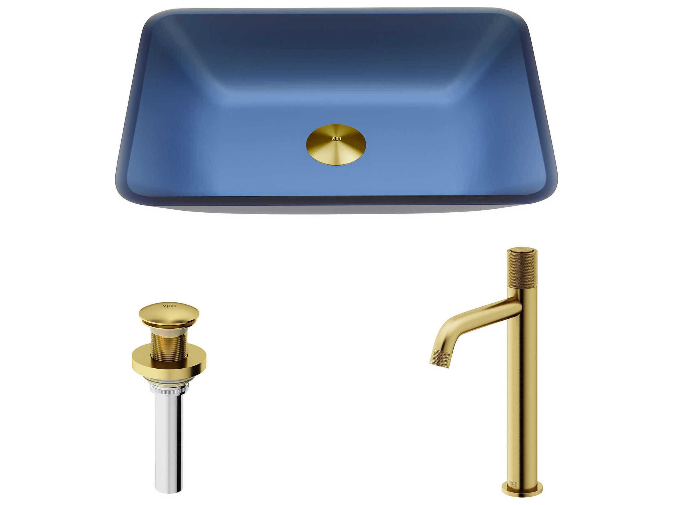 Vigo Sottile Royal Blue Rectangular Bathroom Vessel Sink with Apollo Faucet and Pop-Up Drain