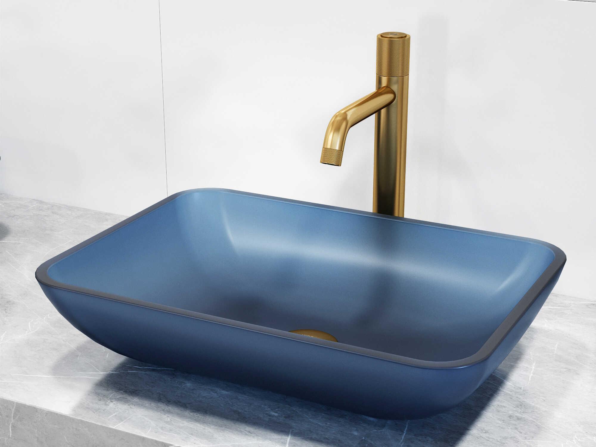 Vigo Sottile Royal Blue Rectangular Bathroom Vessel Sink with Apollo Faucet and Pop-Up Drain
