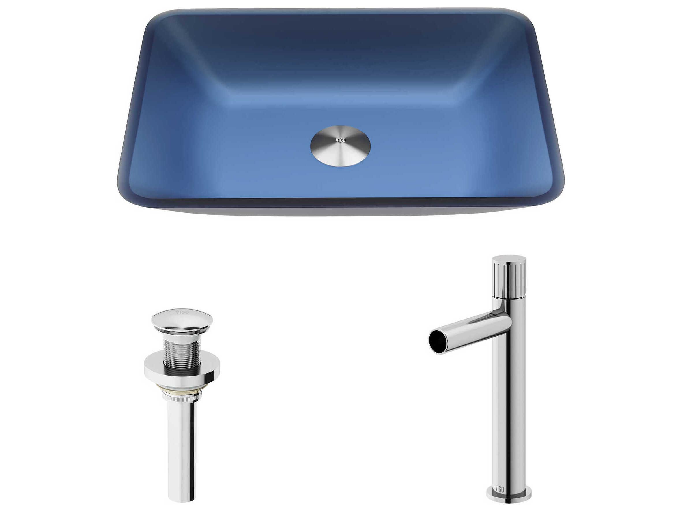 Vigo Sottile Royal Blue Rectangular Bathroom Vessel Sink with Ashford Vessel Faucet and Pop-Up Drain