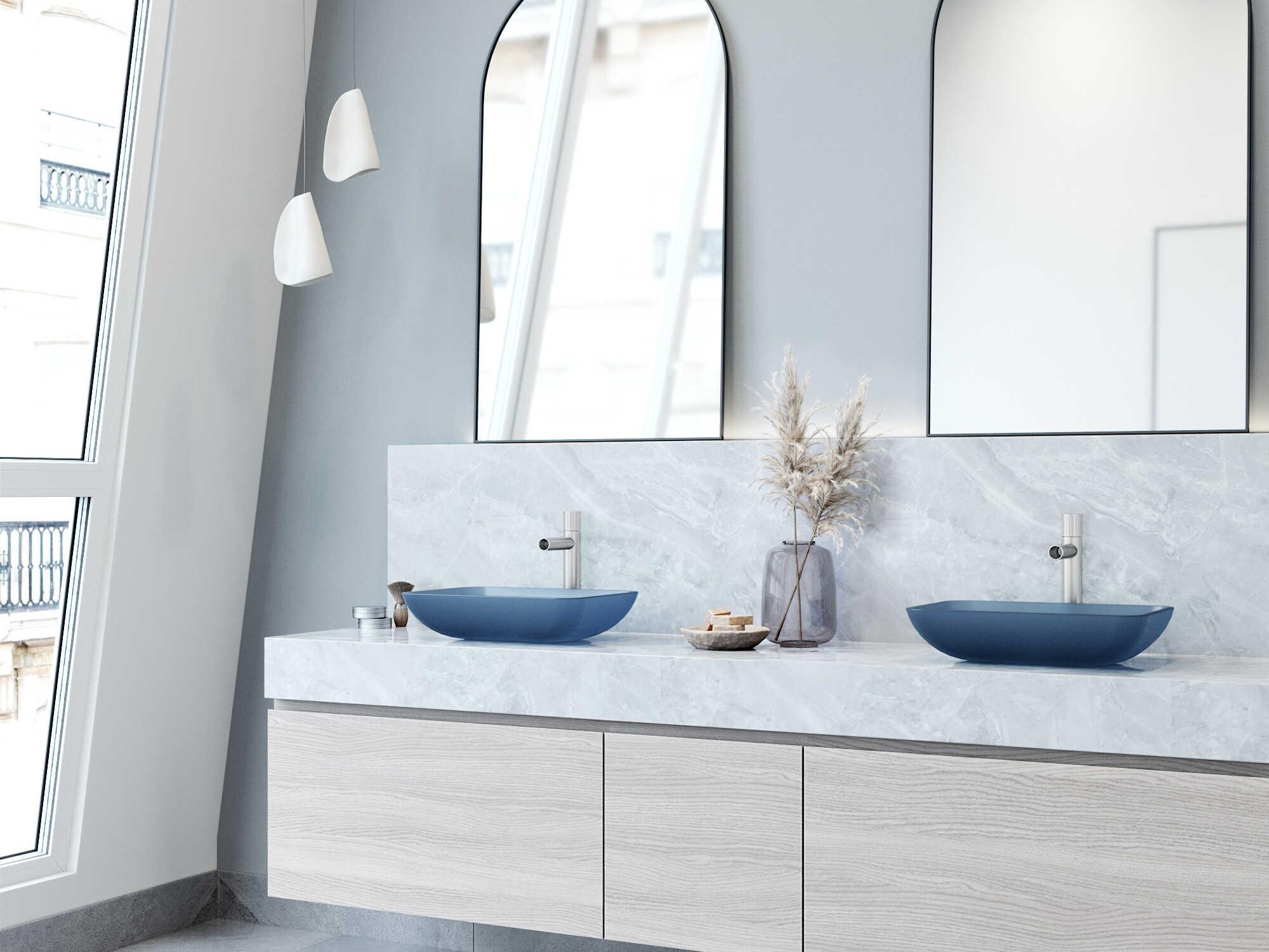 Vigo Sottile Royal Blue Rectangular Bathroom Vessel Sink with Ashford Vessel Faucet and Pop-Up Drain