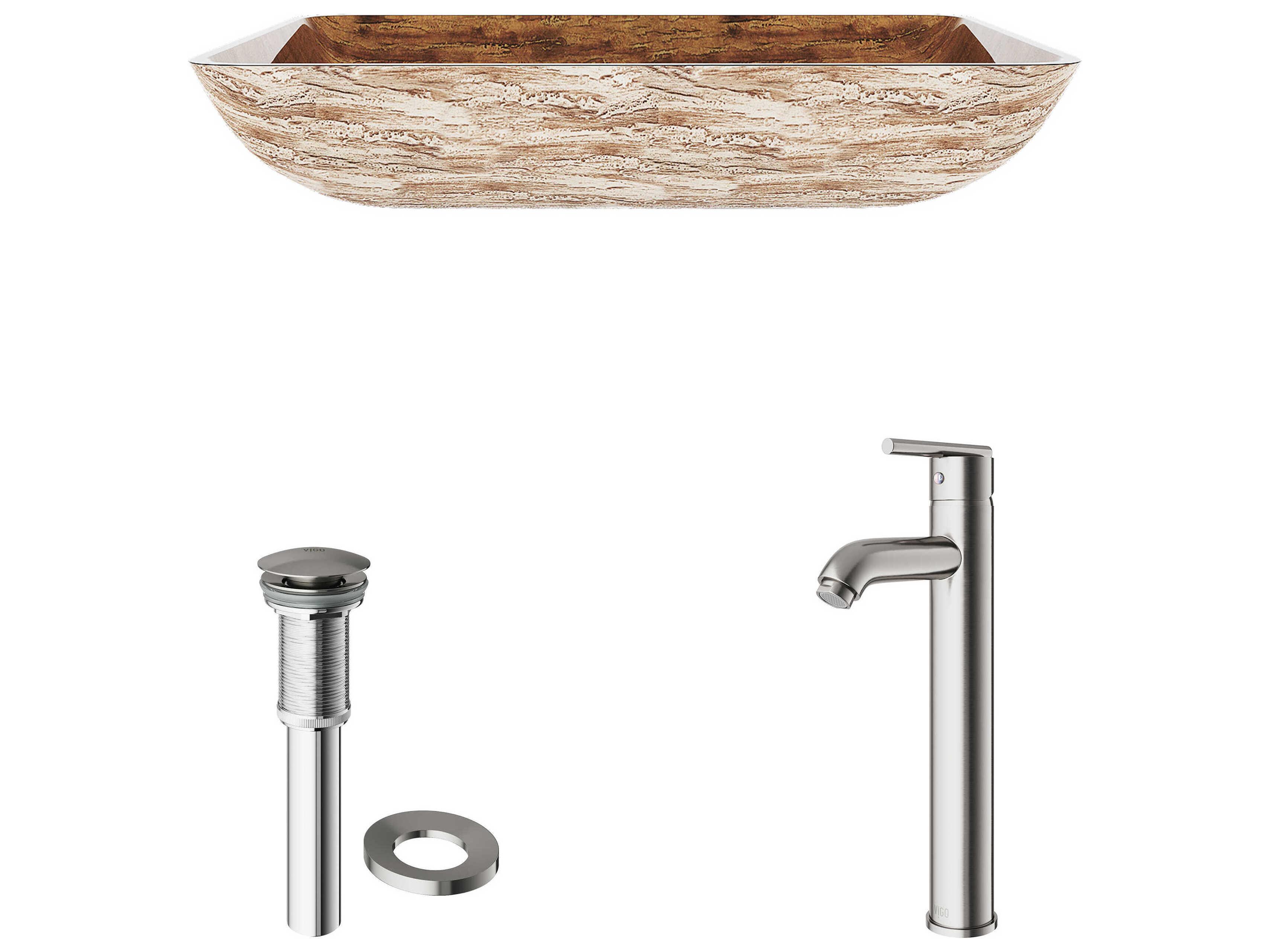 Vigo Amber Sunset Light Wood Brown 23" Rectangular Vessel Bathroom Sink with Brushed Nickel 1-Handle Seville Faucet and Drain