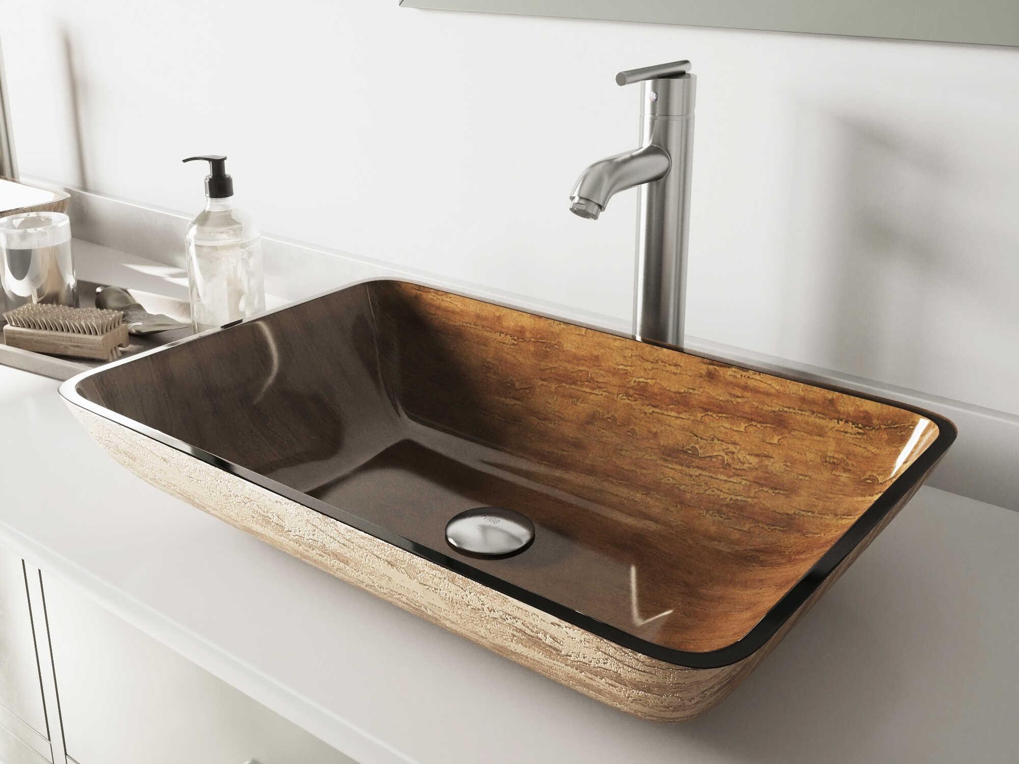 Vigo Amber Sunset Light Wood Brown 23" Rectangular Vessel Bathroom Sink with Brushed Nickel 1-Handle Seville Faucet and Drain