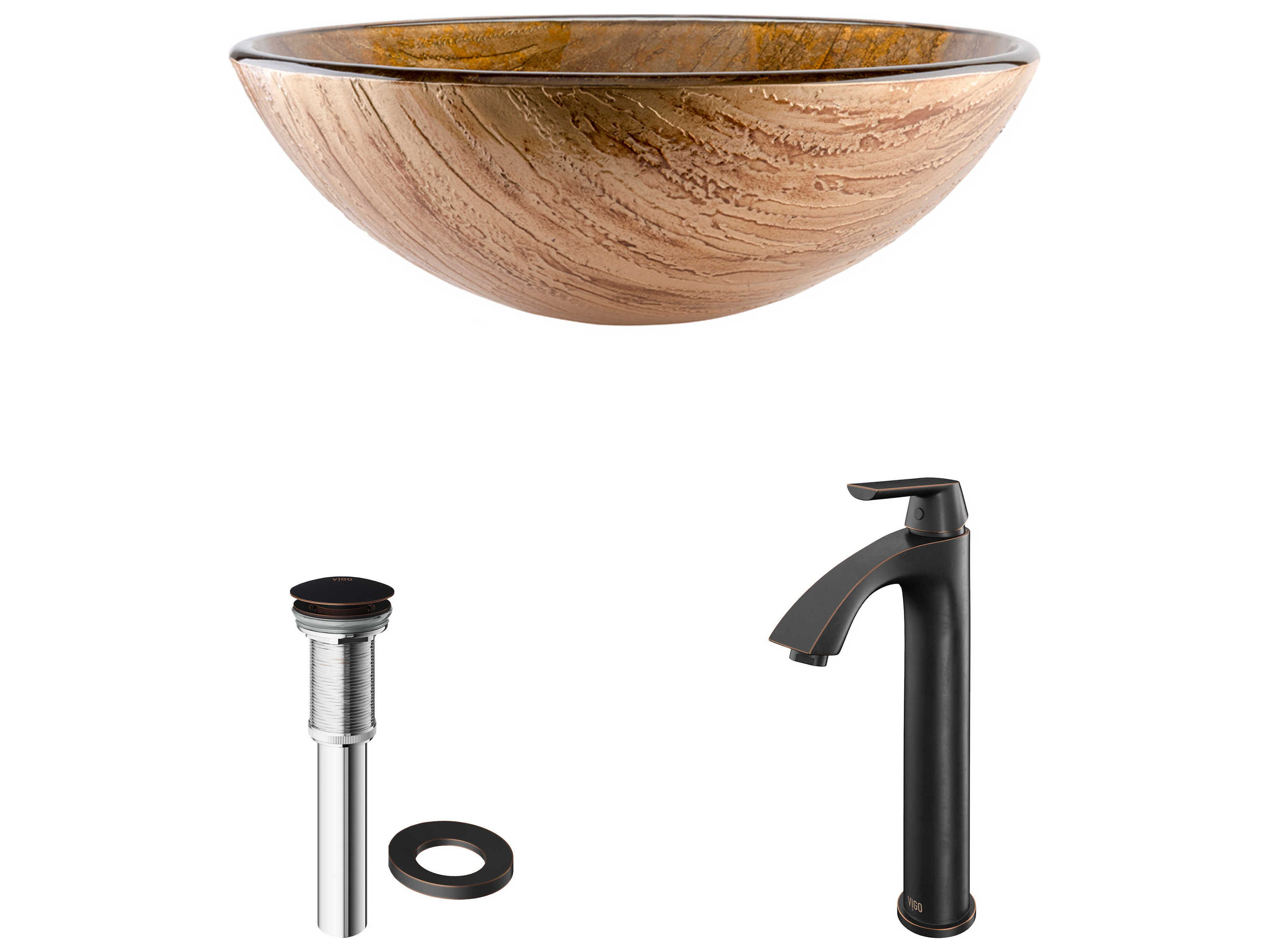 Vigo Amber Sunset Wooden Brown 17" Round Vessel Bathroom Sink with Antique Rubbed Bronze 1-Lever Linus Faucet and Drain