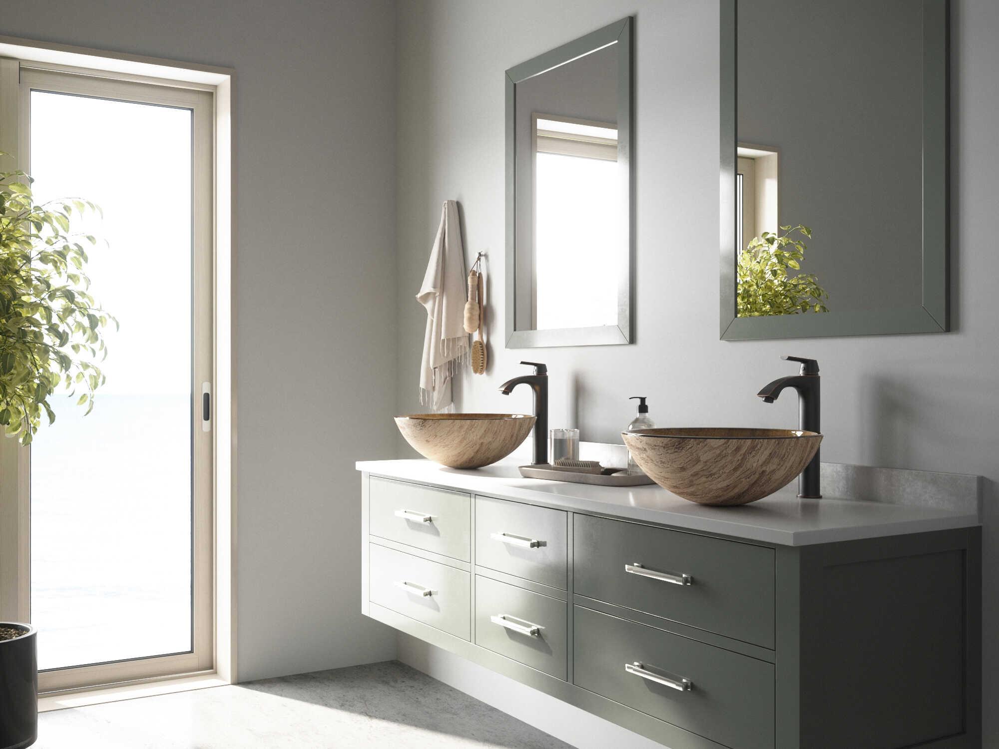 Vigo Amber Sunset Wooden Brown 17" Round Vessel Bathroom Sink with Antique Rubbed Bronze 1-Lever Linus Faucet and Drain