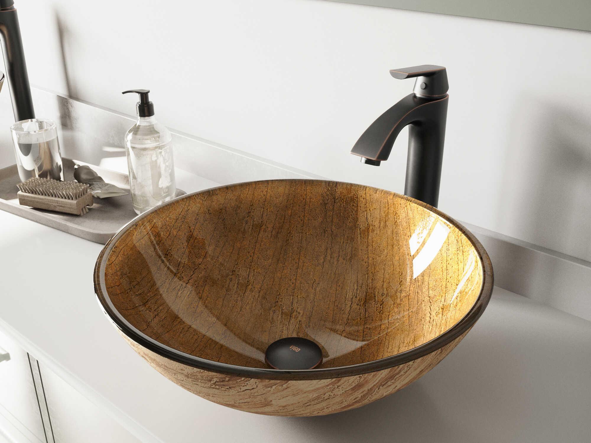 Vigo Amber Sunset Wooden Brown 17" Round Vessel Bathroom Sink with Antique Rubbed Bronze 1-Lever Linus Faucet and Drain