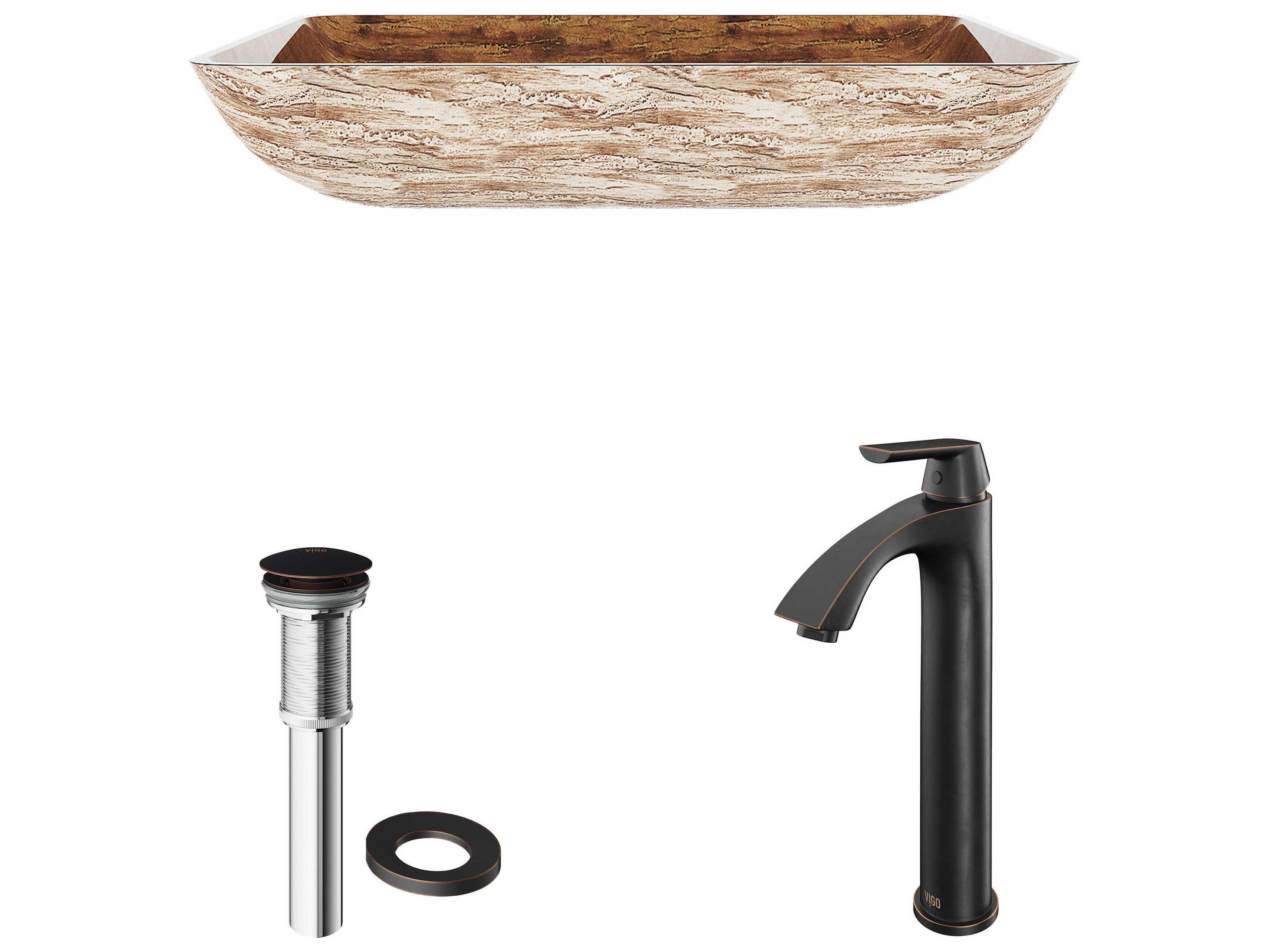 Vigo Amber Sunset Light Wood Brown 23" Rectangular Vessel Bathroom Sink with Antique Rubbed Bronze 1-Lever Linus Faucet and Drain