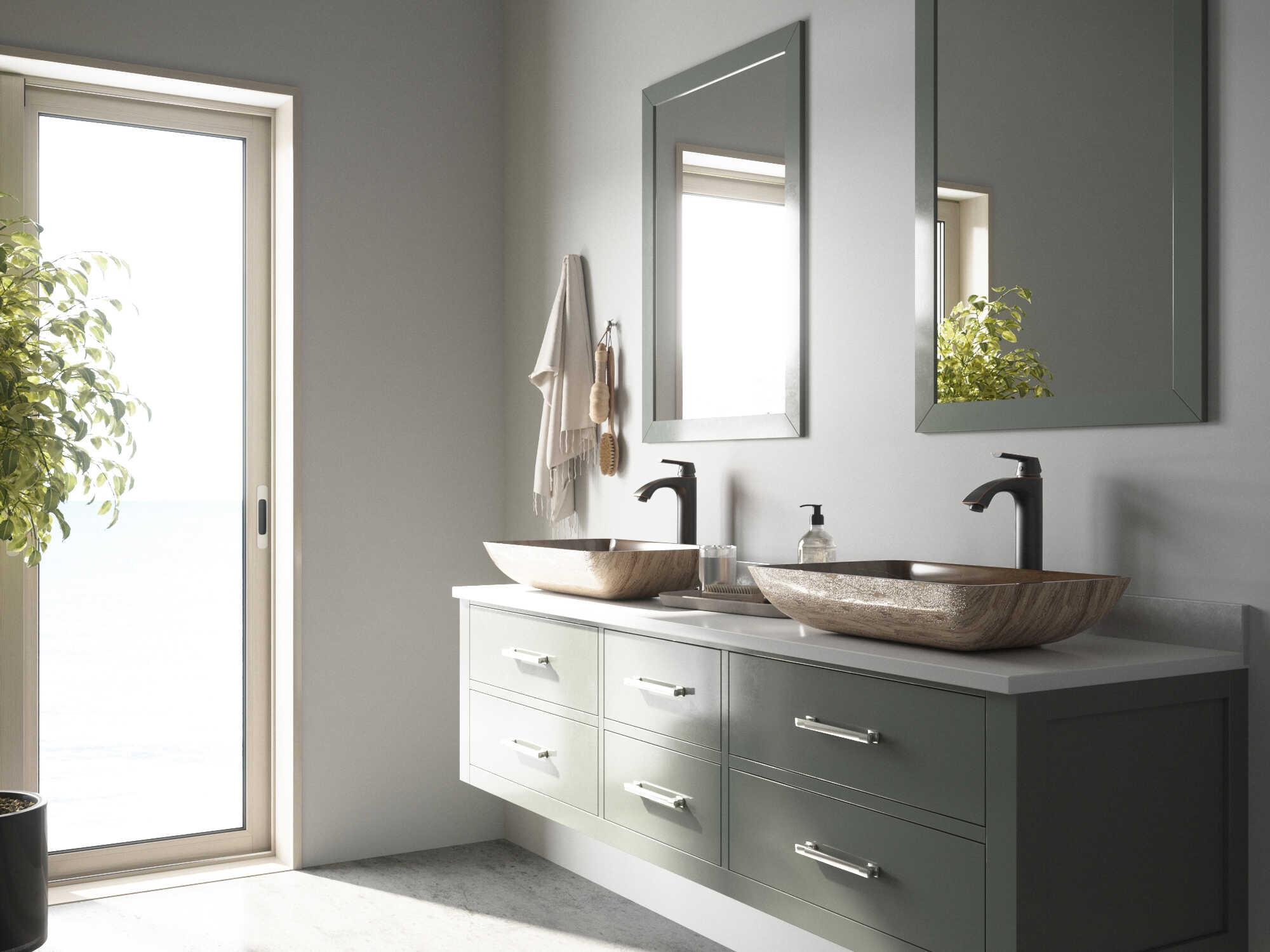 Vigo Amber Sunset Light Wood Brown 23" Rectangular Vessel Bathroom Sink with Antique Rubbed Bronze 1-Lever Linus Faucet and Drain