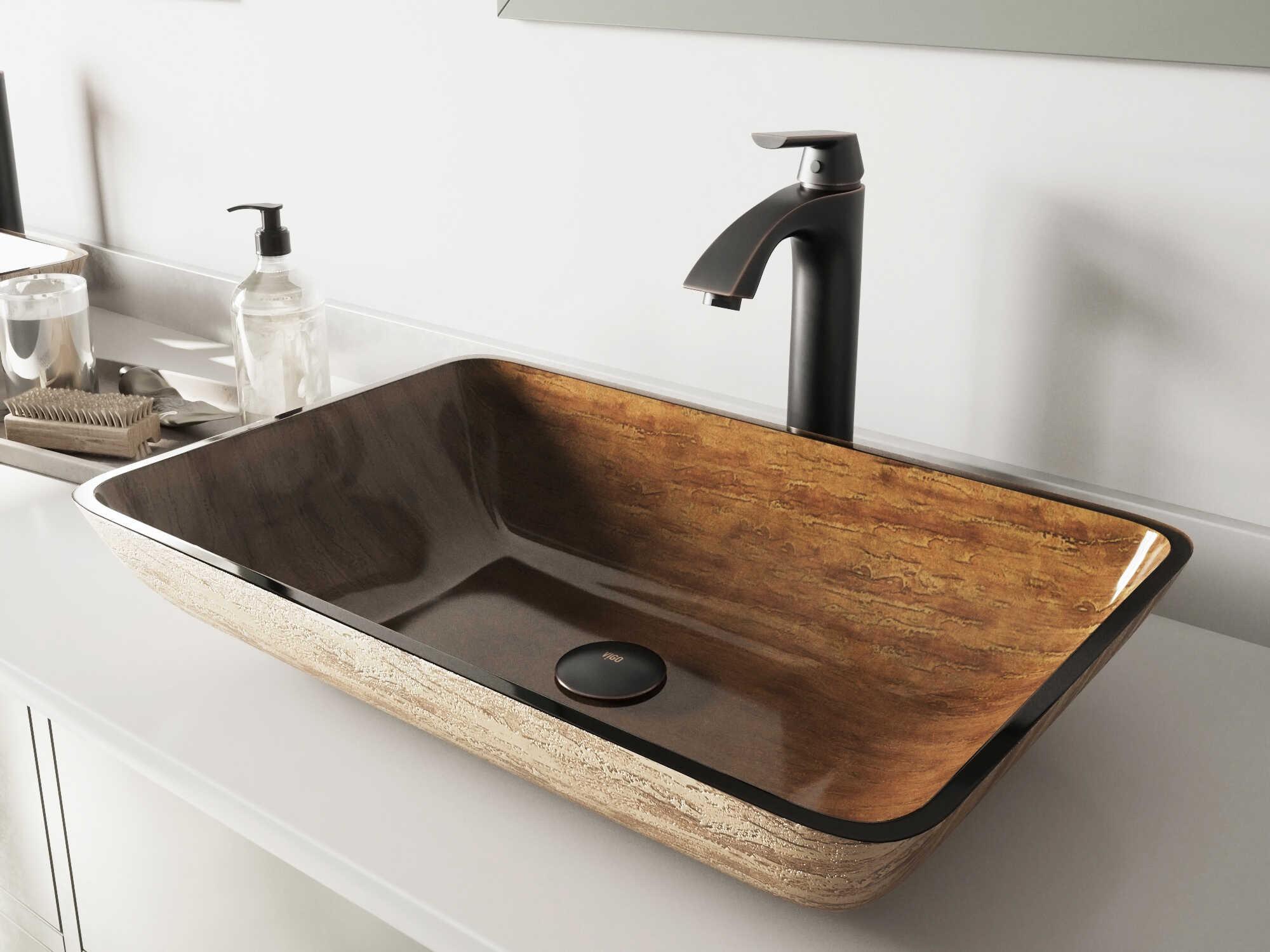 Vigo Amber Sunset Light Wood Brown 23" Rectangular Vessel Bathroom Sink with Antique Rubbed Bronze 1-Lever Linus Faucet and Drain