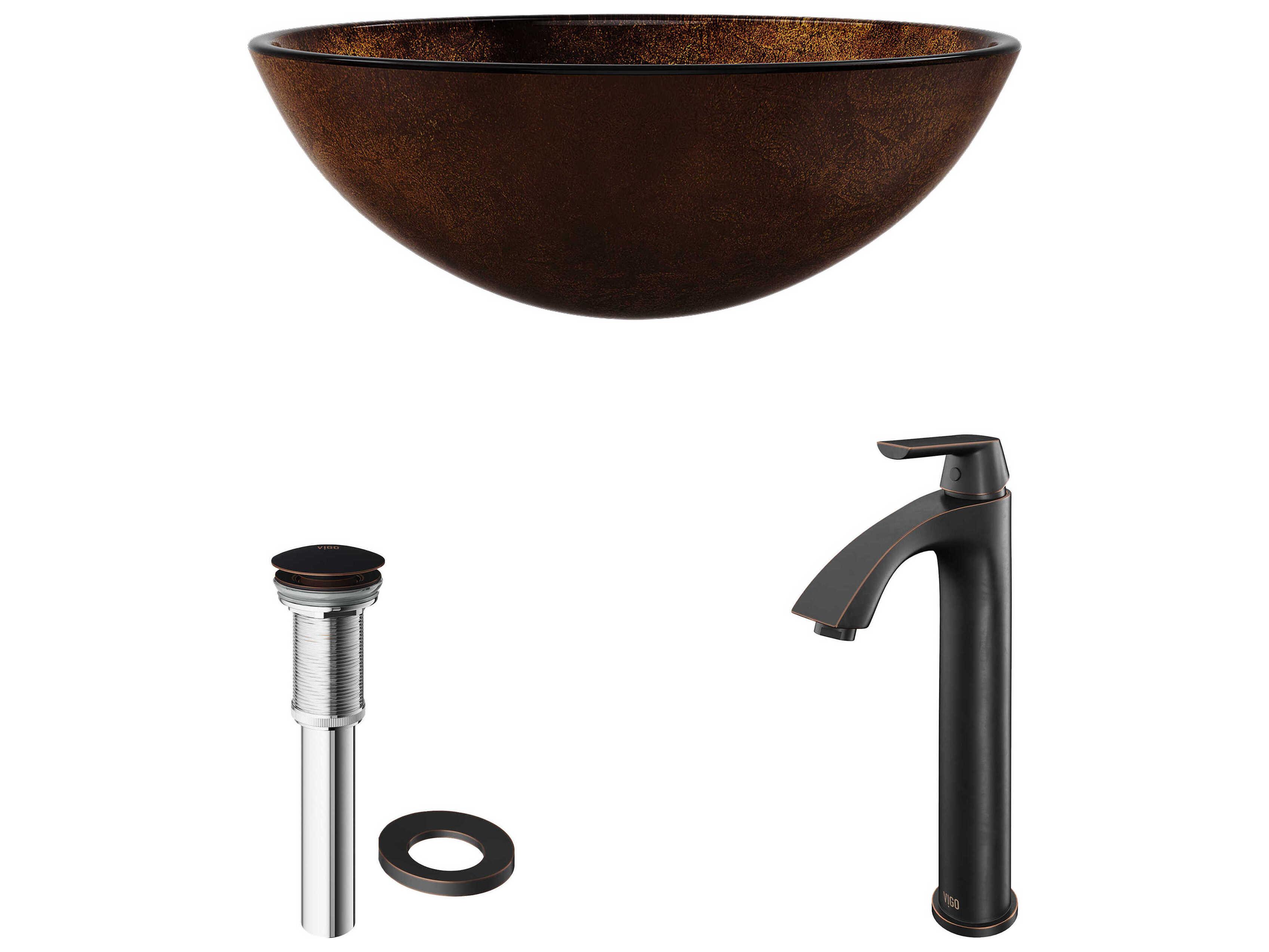 Vigo Russet Round Vessel Bathroom Sink with Linus Faucet and Pop-Up Drain