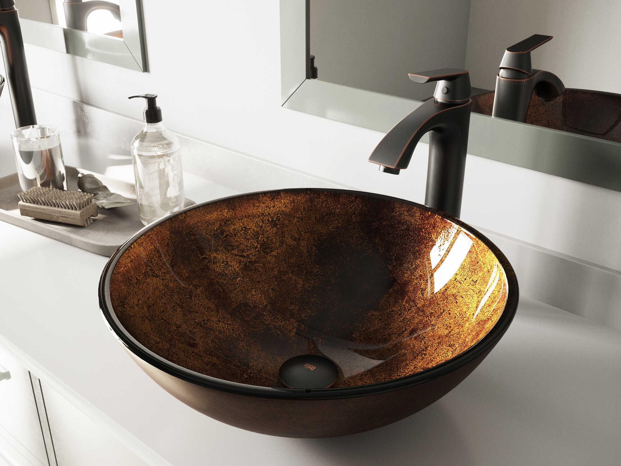 Vigo Russet Round Vessel Bathroom Sink with Linus Faucet and Pop-Up Drain