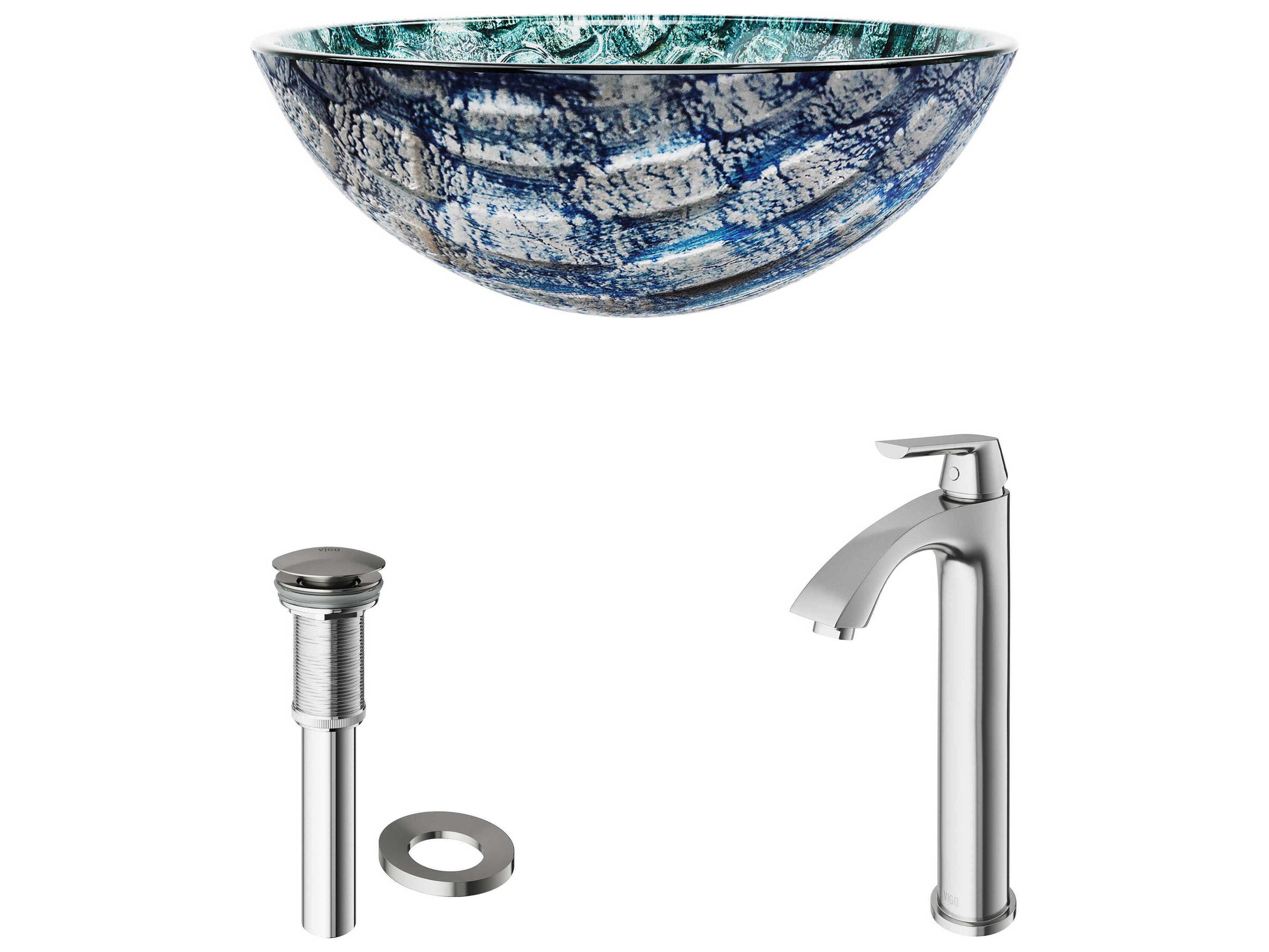 Vigo Oceania Patterened Teal 17" Round Vessel Bathroom Sink with Brushed Nickel 1-Lever Linus Faucet and Drain