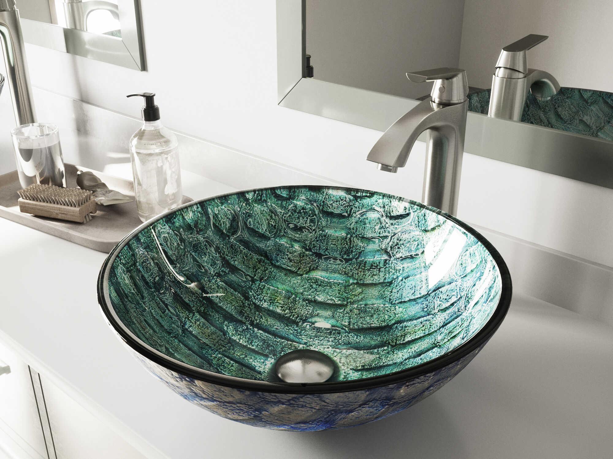 Vigo Oceania Patterened Teal 17" Round Vessel Bathroom Sink with Brushed Nickel 1-Lever Linus Faucet and Drain