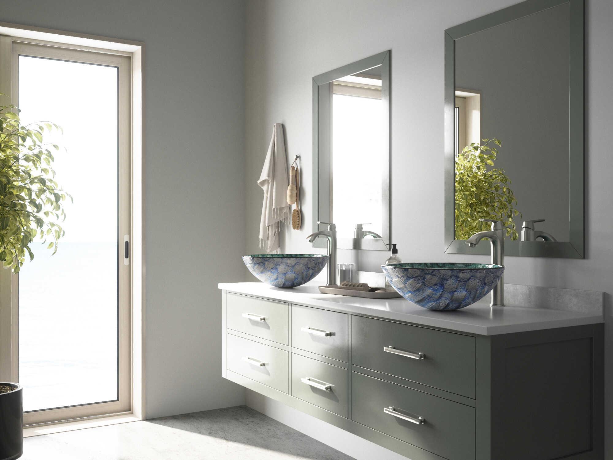 Vigo Oceania Patterened Teal 17" Round Vessel Bathroom Sink with Brushed Nickel 1-Lever Linus Faucet and Drain