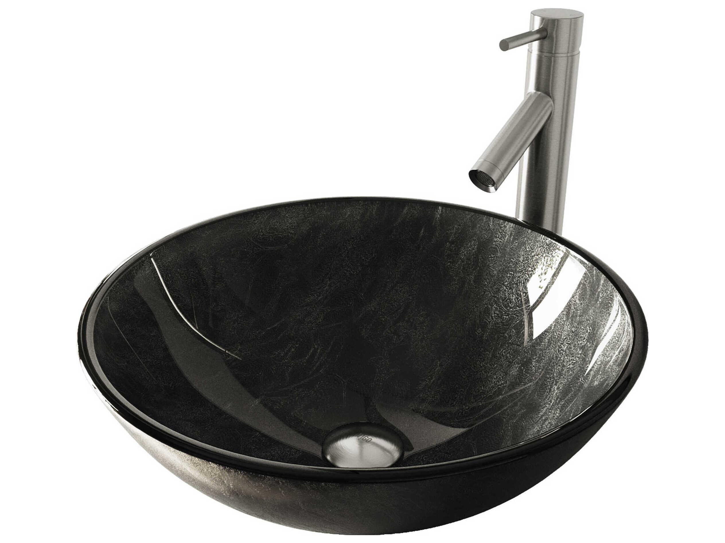 Vigo Onyx Gray 17" Round Vessel Bathroom Sink with Brushed Nickel 1-Lever Dior Faucet and Drain