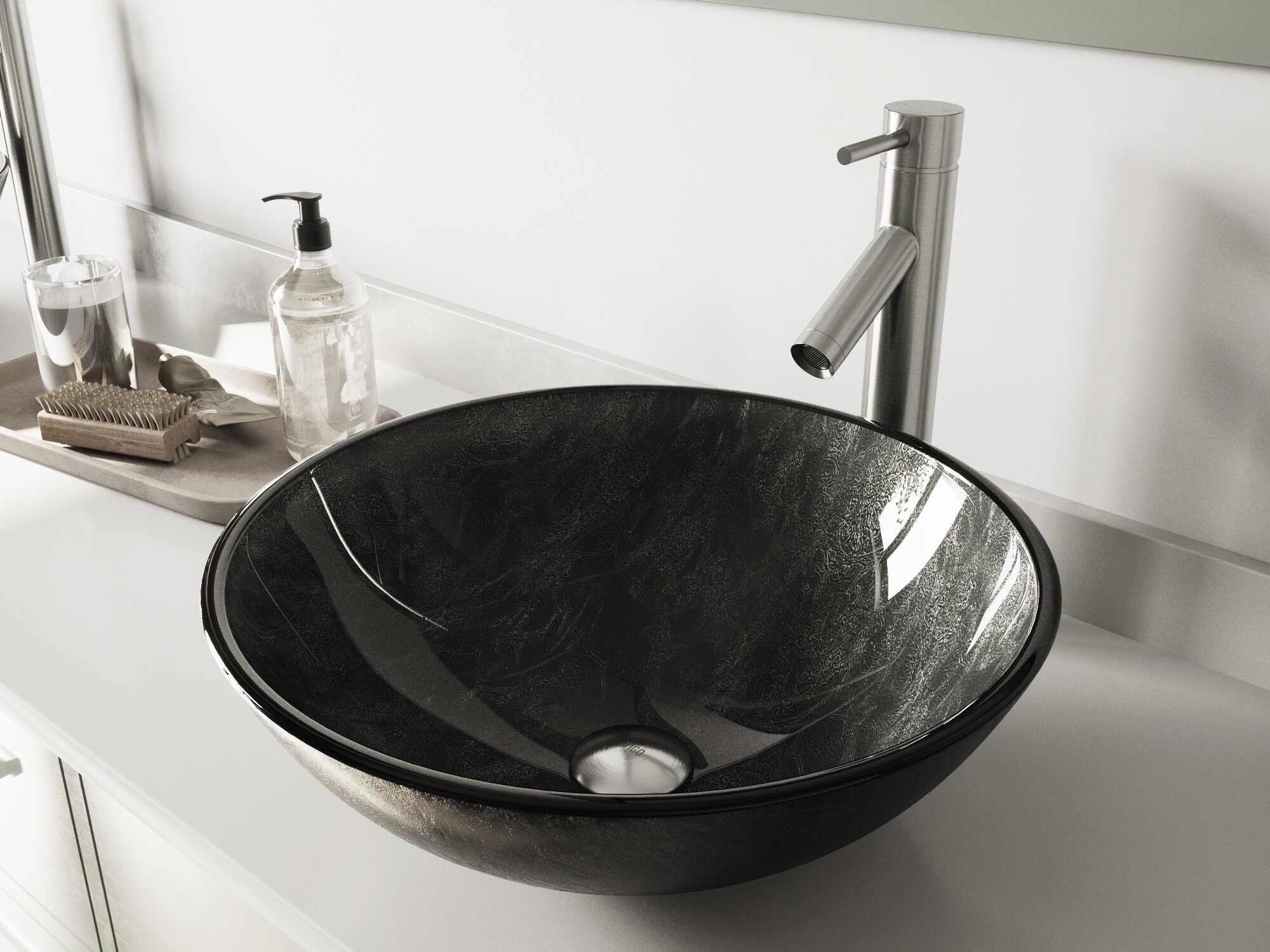 Vigo Onyx Gray 17" Round Vessel Bathroom Sink with Brushed Nickel 1-Lever Dior Faucet and Drain