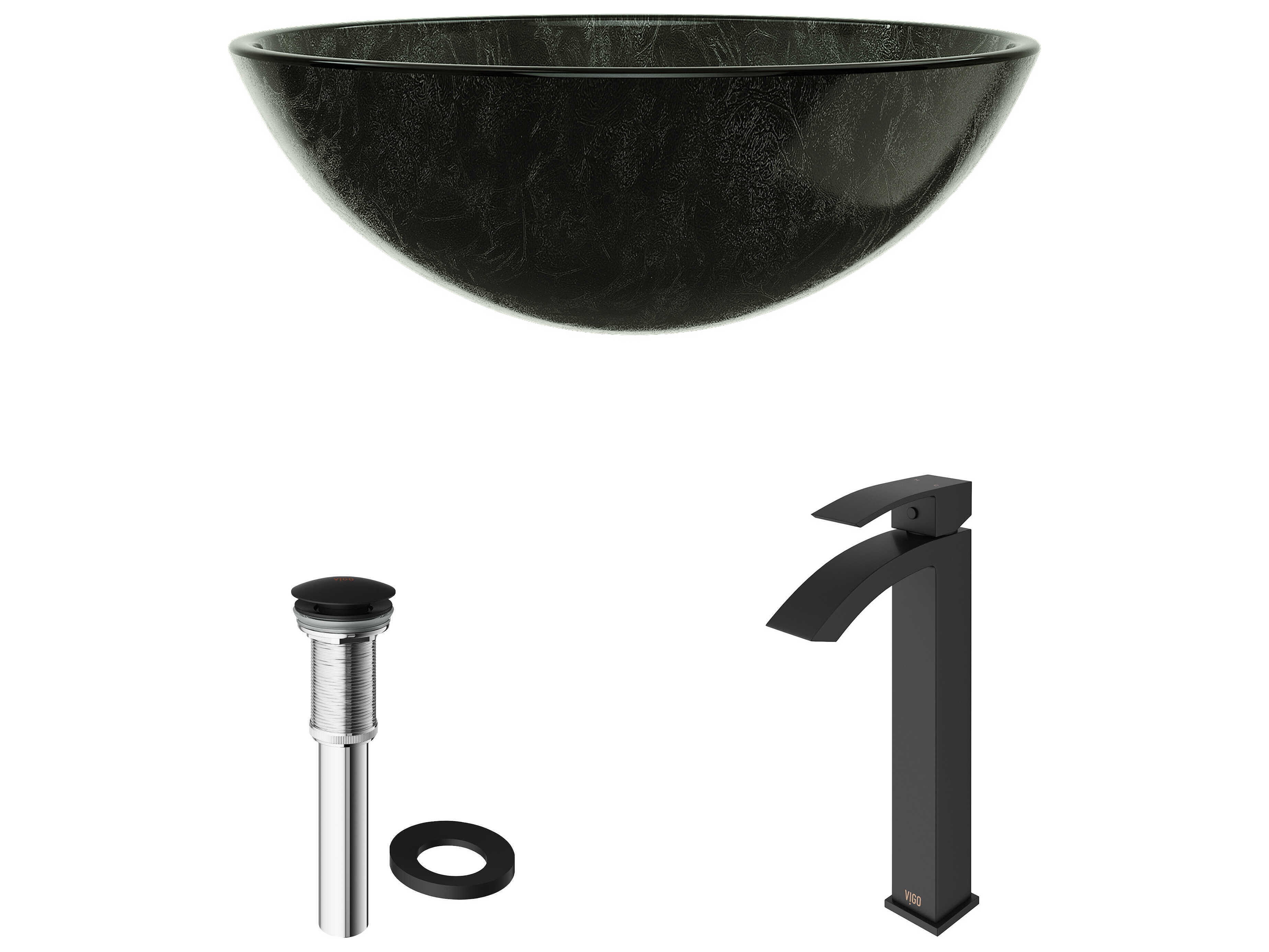 Vigo Onyx Gray 17" Round Vessel Bathroom Sink with Matte Black 1-Lever Duris Faucet and Drain