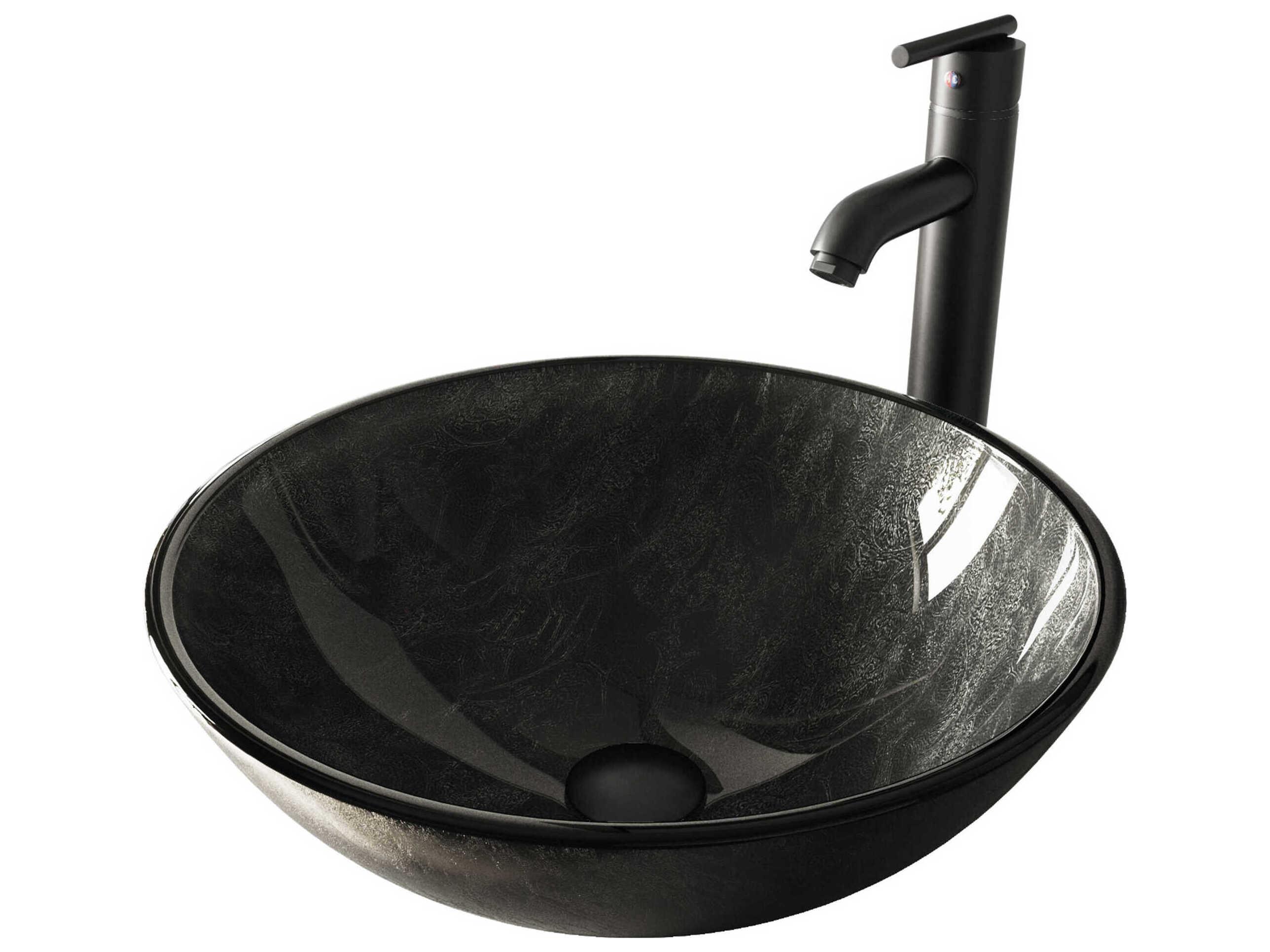 Vigo Onyx Gray 17" Round Vessel Bathroom Sink with Matte Black 1-Lever Seville Faucet and Drain