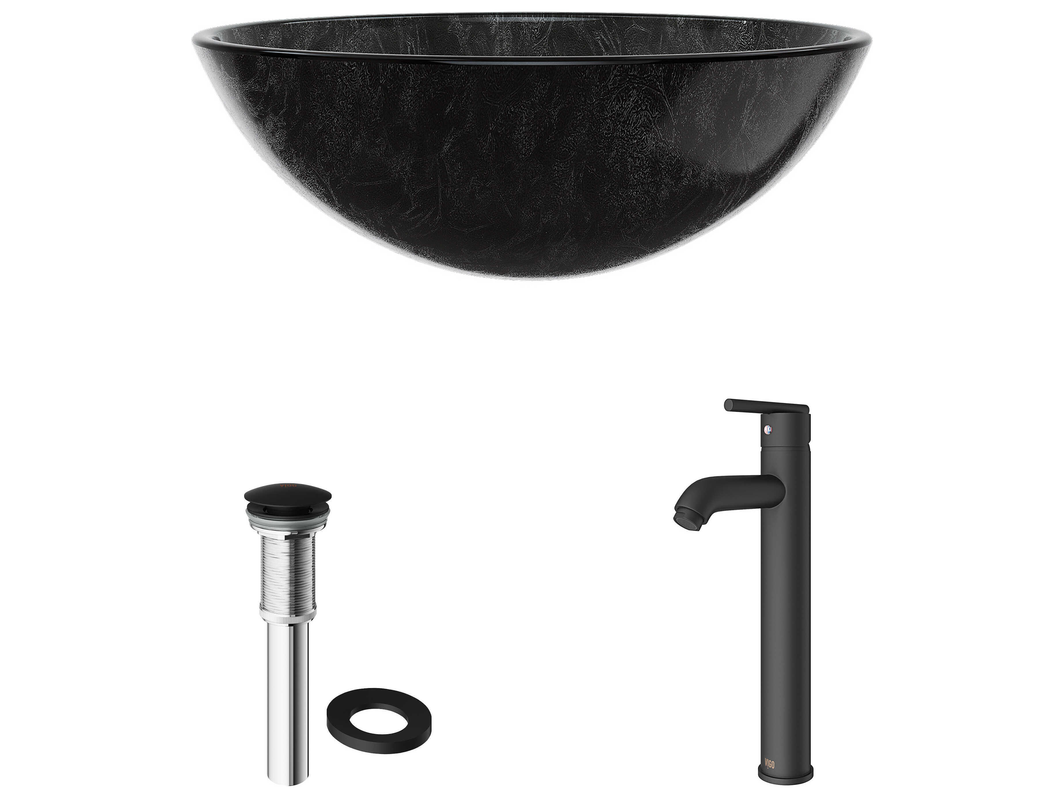 Vigo Onyx Gray 17" Round Vessel Bathroom Sink with Matte Black 1-Lever Seville Faucet and Drain