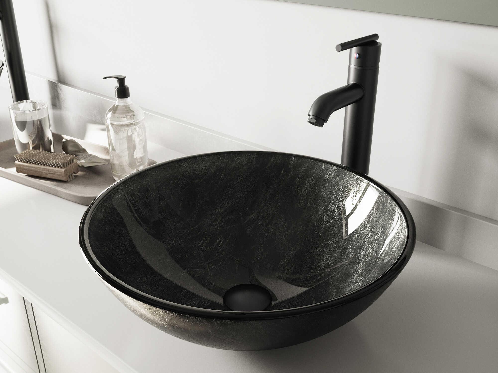 Vigo Onyx Gray 17" Round Vessel Bathroom Sink with Matte Black 1-Lever Seville Faucet and Drain